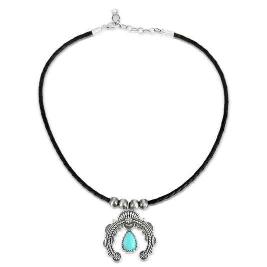 Sterling Silver Blue Turquoise and Black Leather Pear Gemstone Naja Necklace