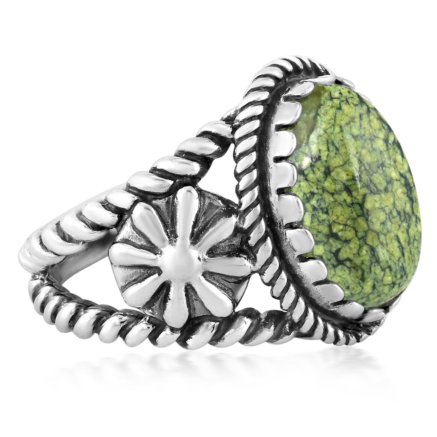 Sterling Silver Serpentine Concha Flower Ring, Sizes 5 to 11