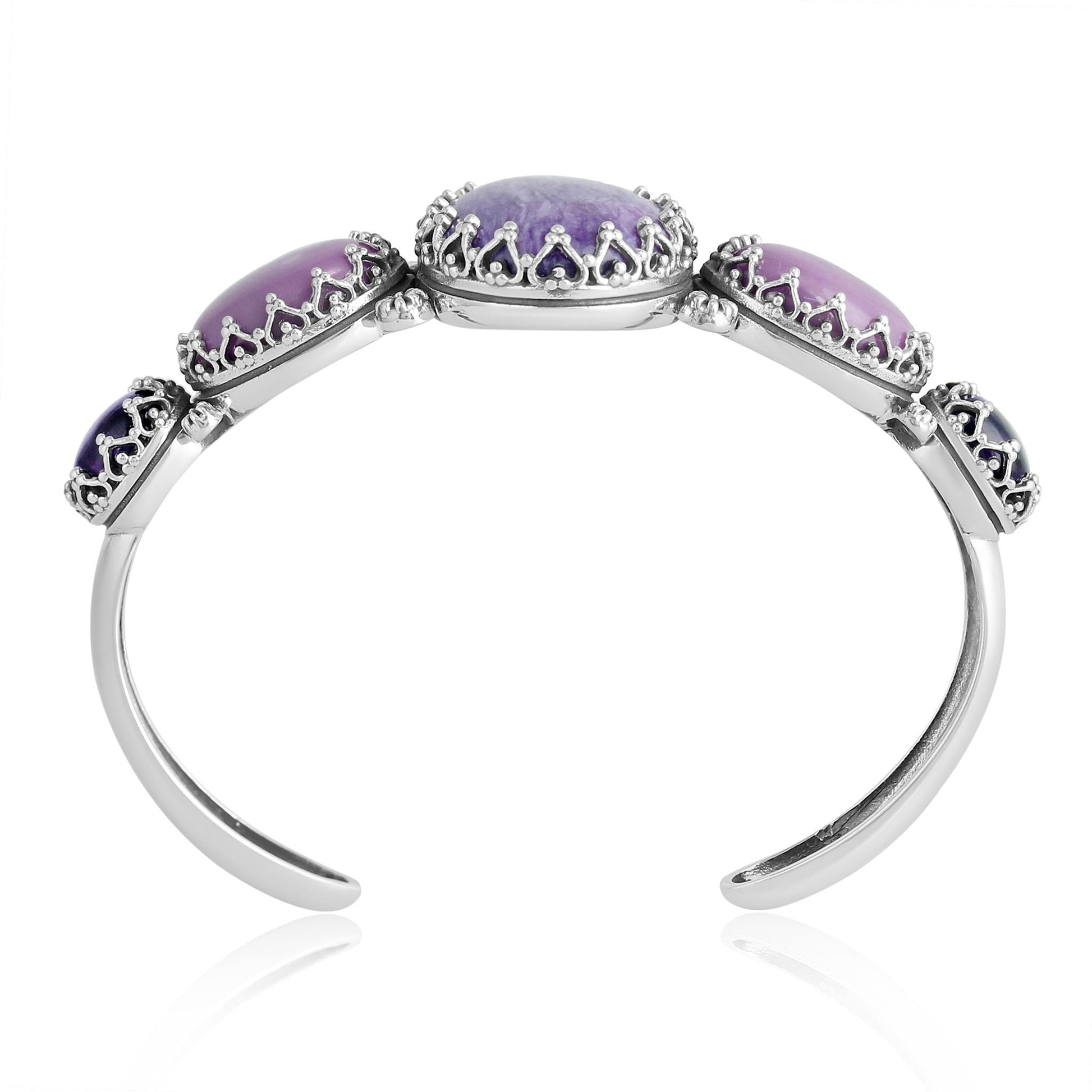 Sterling Silver Denim Charoite, Phosphosiderite and Amethyst Crown Detail Cuff Bracelet