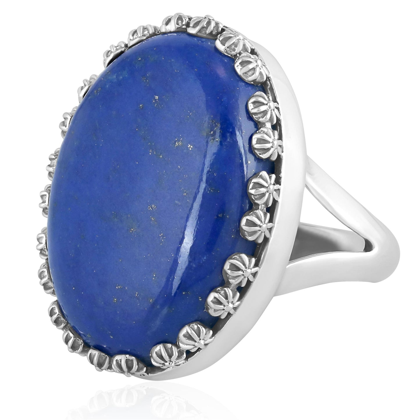 Sterling Silver Lapis Concha Flower Border Oval Cut Ring