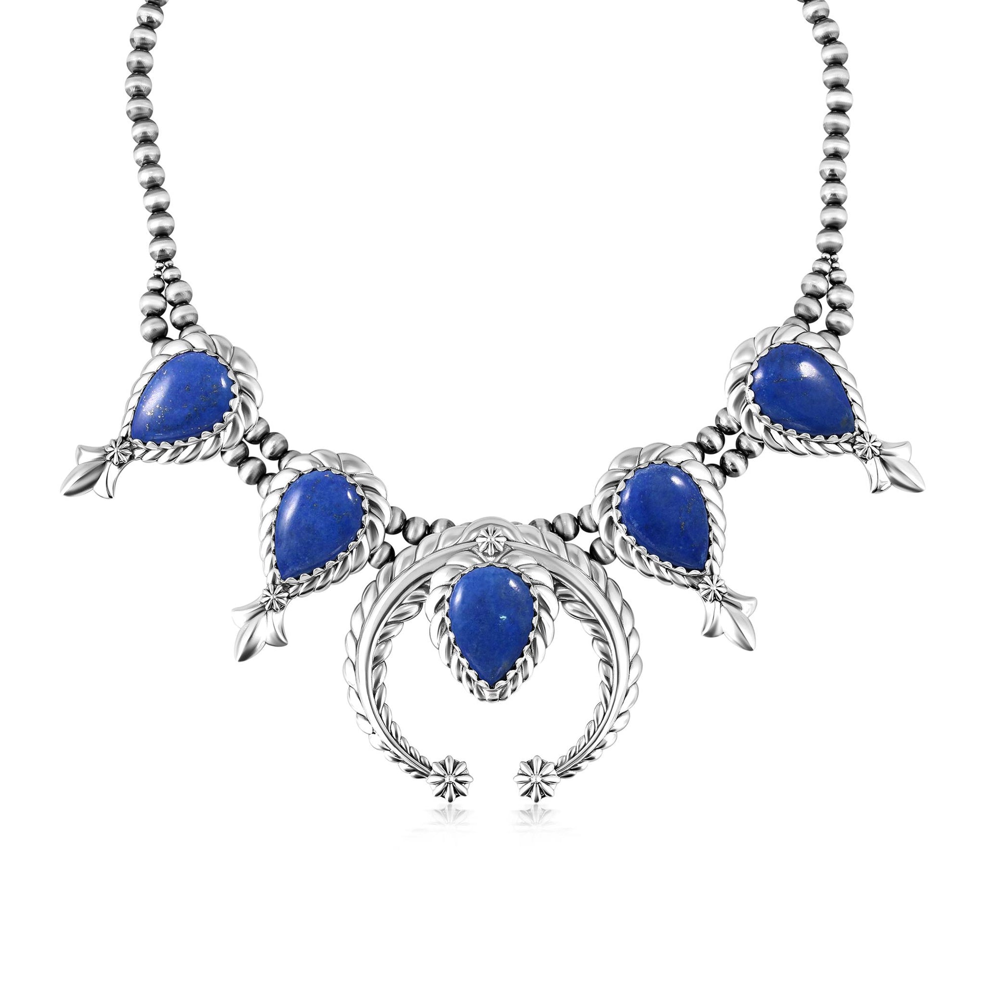 Sterling Silver Denim Lapis Pear-Cut Squash Blossom Necklace