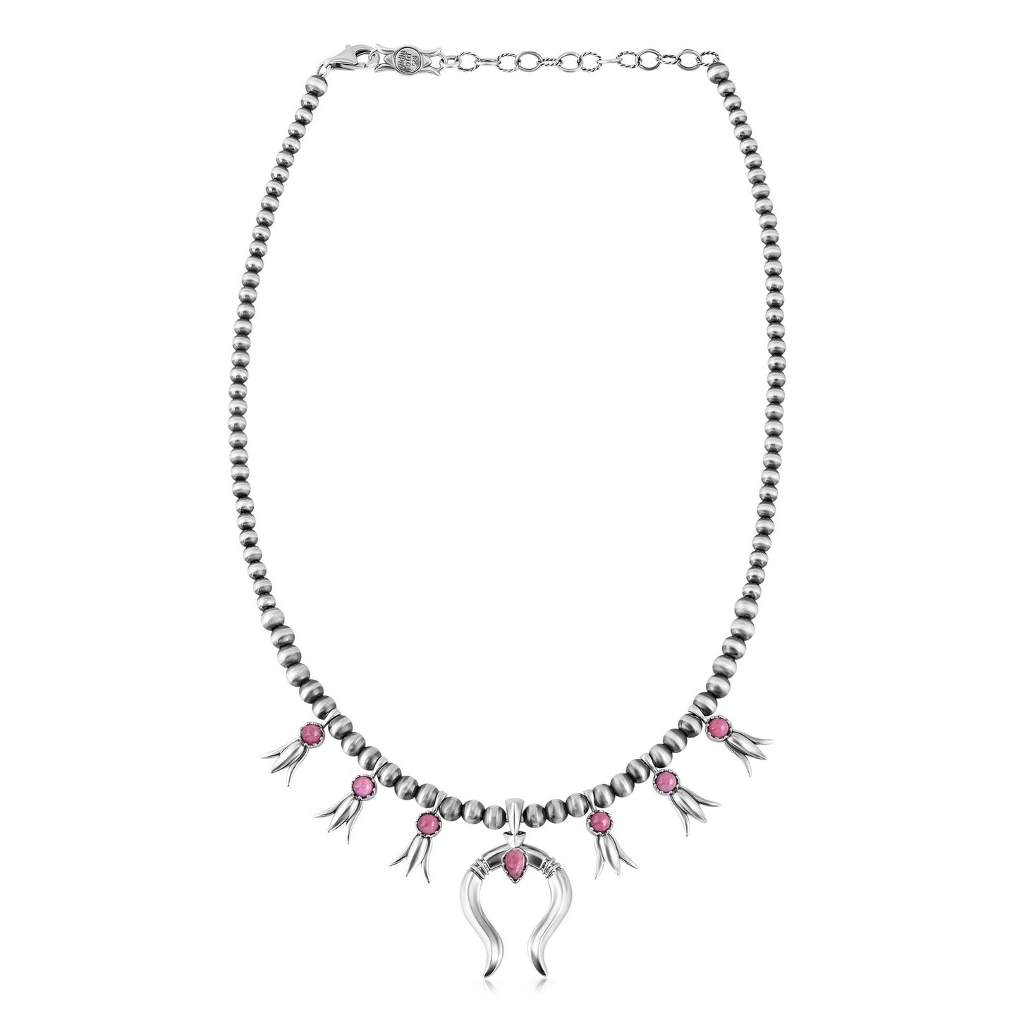 Sterling Silver Rhodonite Beaded Squash Blossom Necklace