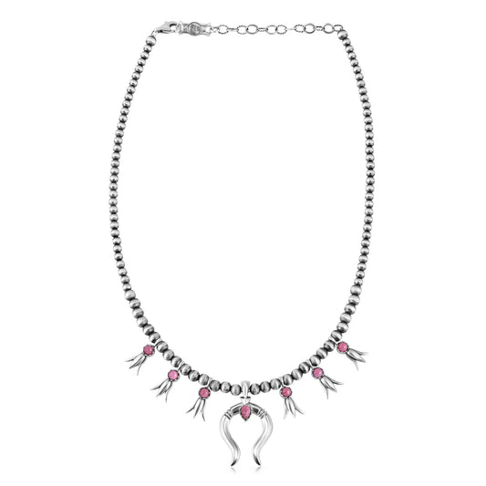 Sterling Silver Rhodonite Beaded Squash Blossom Necklace