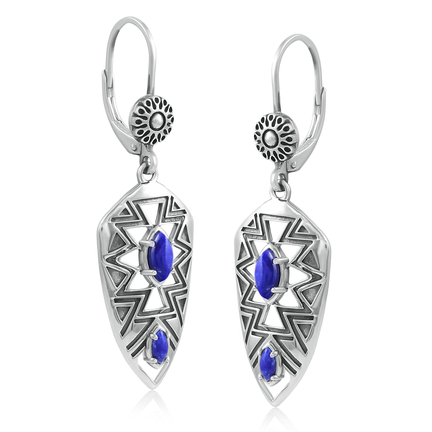 Sterling Silver Marquise Lapis Patterned Lever Back Earrings