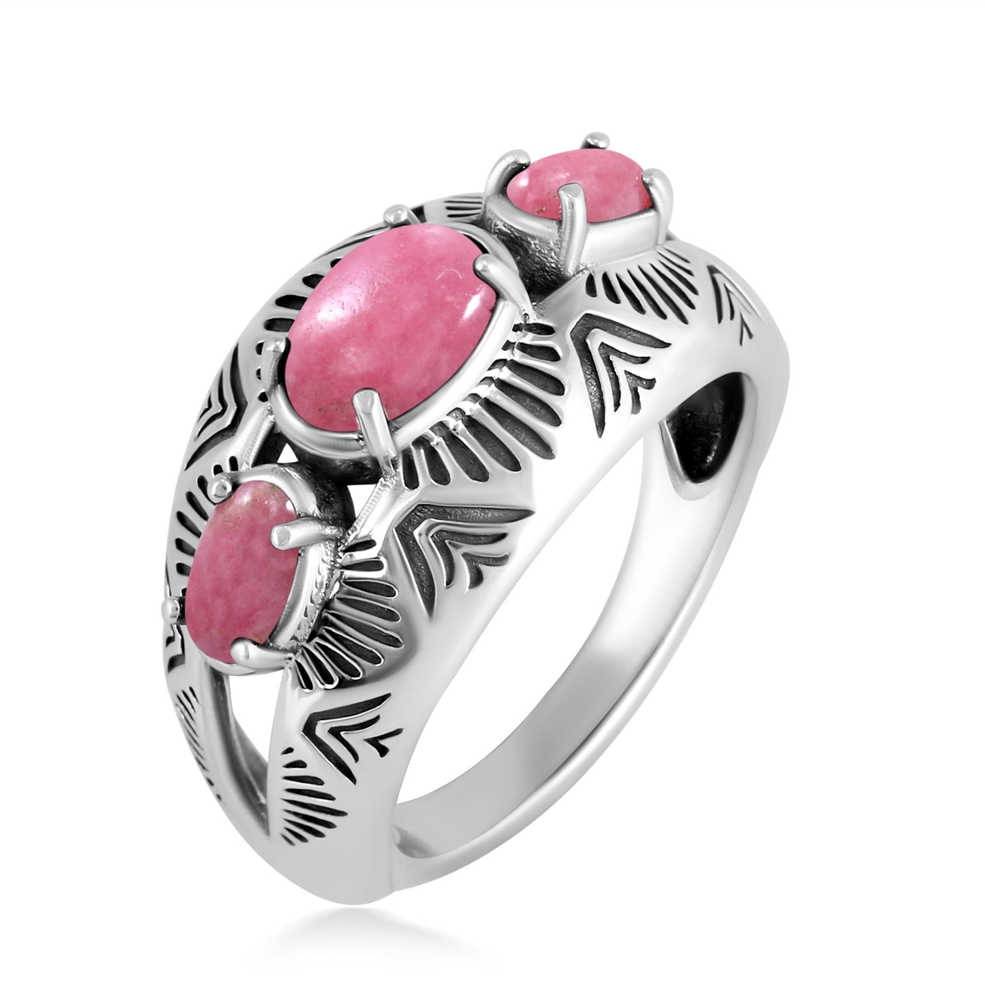 Sterling Silver Rhodonite 3-Stone Oval Band Ring