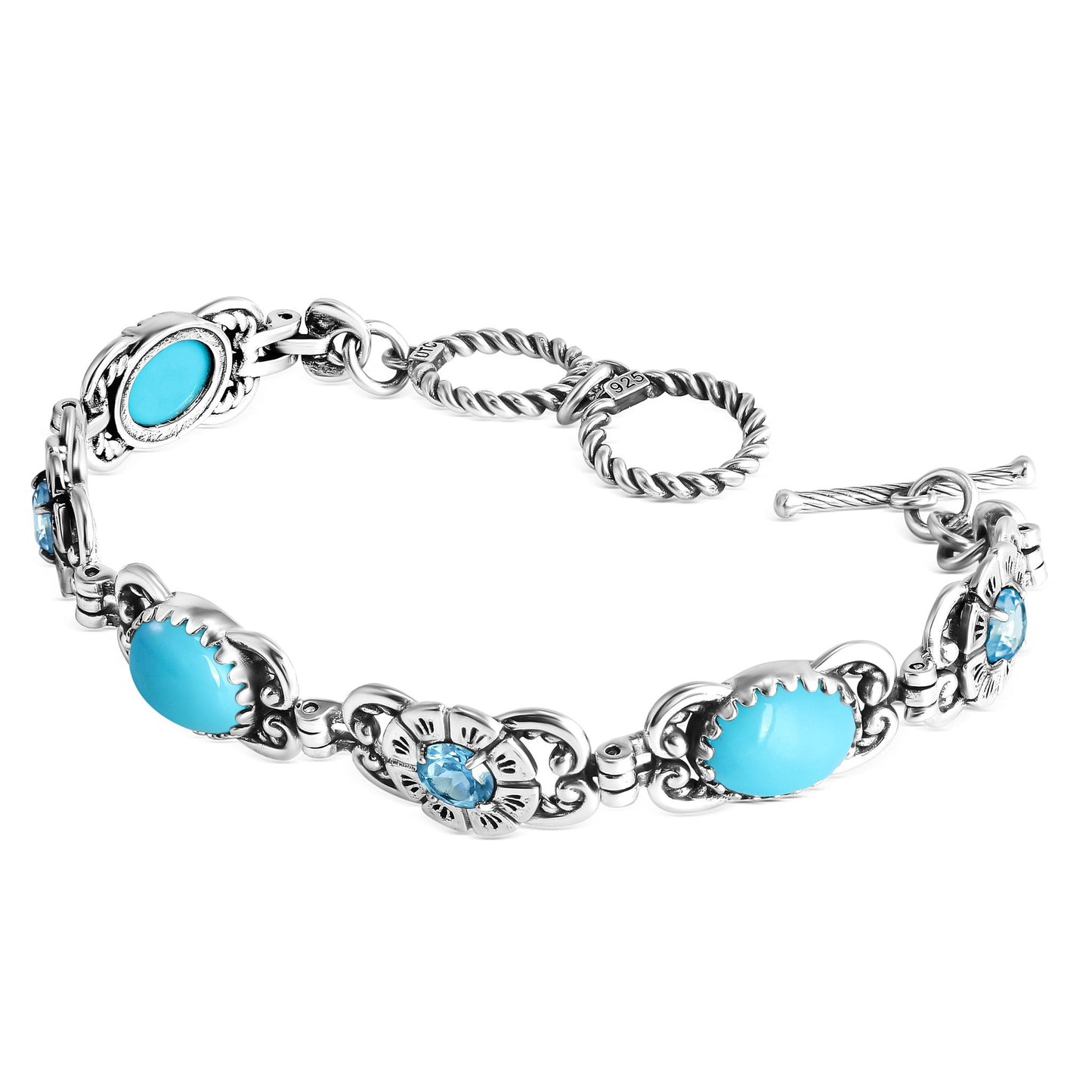 EXCLUSIVELY YOURS! Sterling Silver Sleeping Beauty Turquoise and Swiss Blue Topaz Desert Bloom Tennis Bracelet