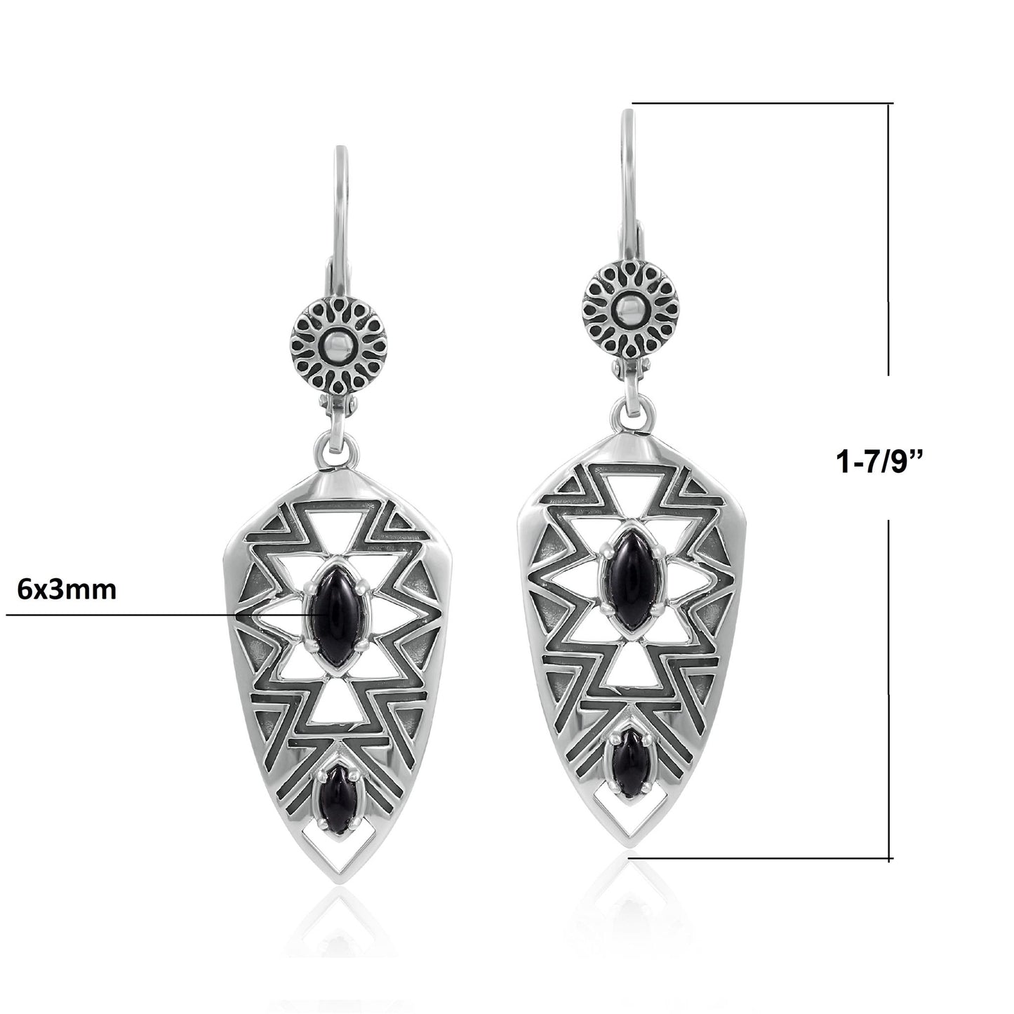 Sterling Silver Marquise Black Agate Patterned Lever Back Earrings