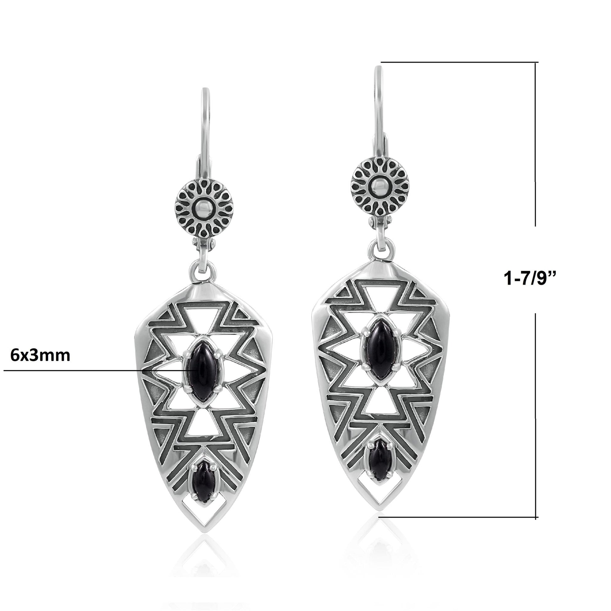 Sterling Silver Marquise Black Agate Patterned Lever Back Earrings