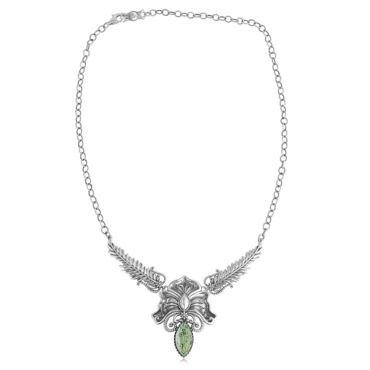 Sterling Silver Serpentine Cactus Flower Marquise Feather Necklace