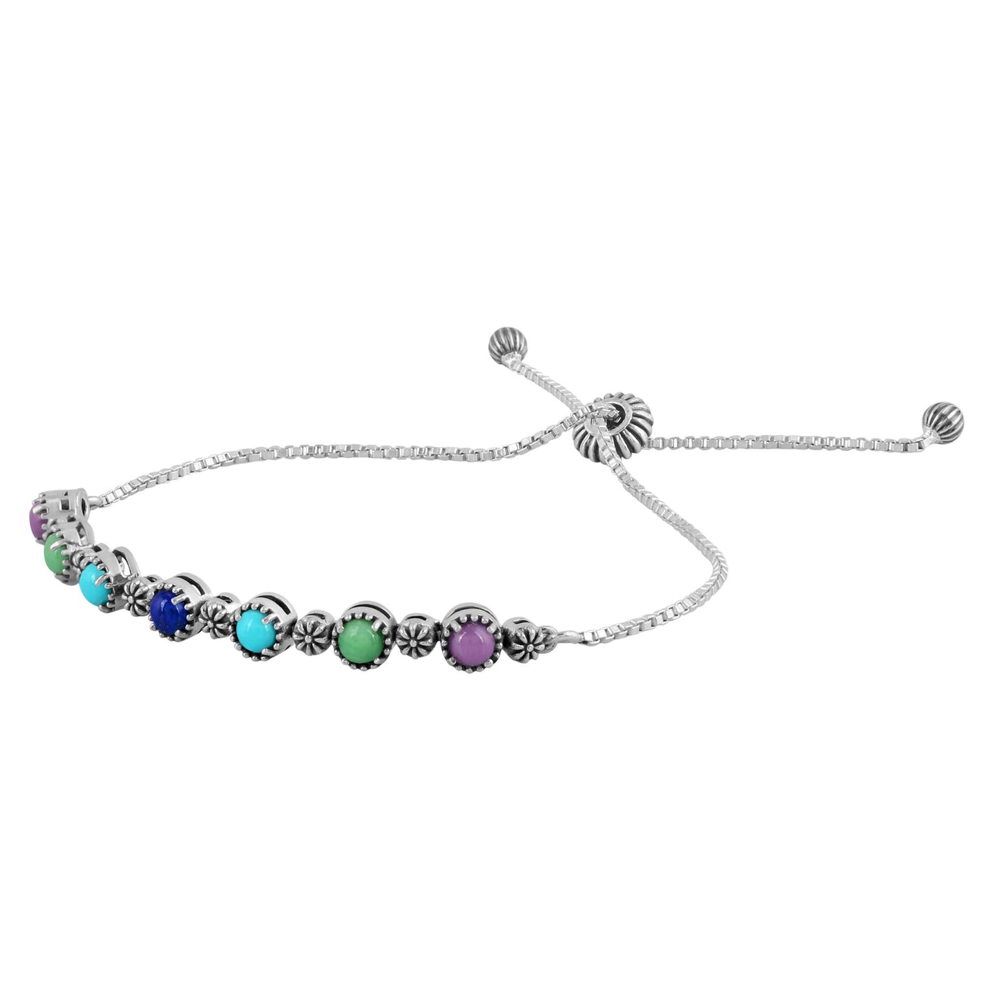 Sterling Silver Phosphosiderite, Turquoise, Variscite and Lapis Adjustable Friendship Bracelet