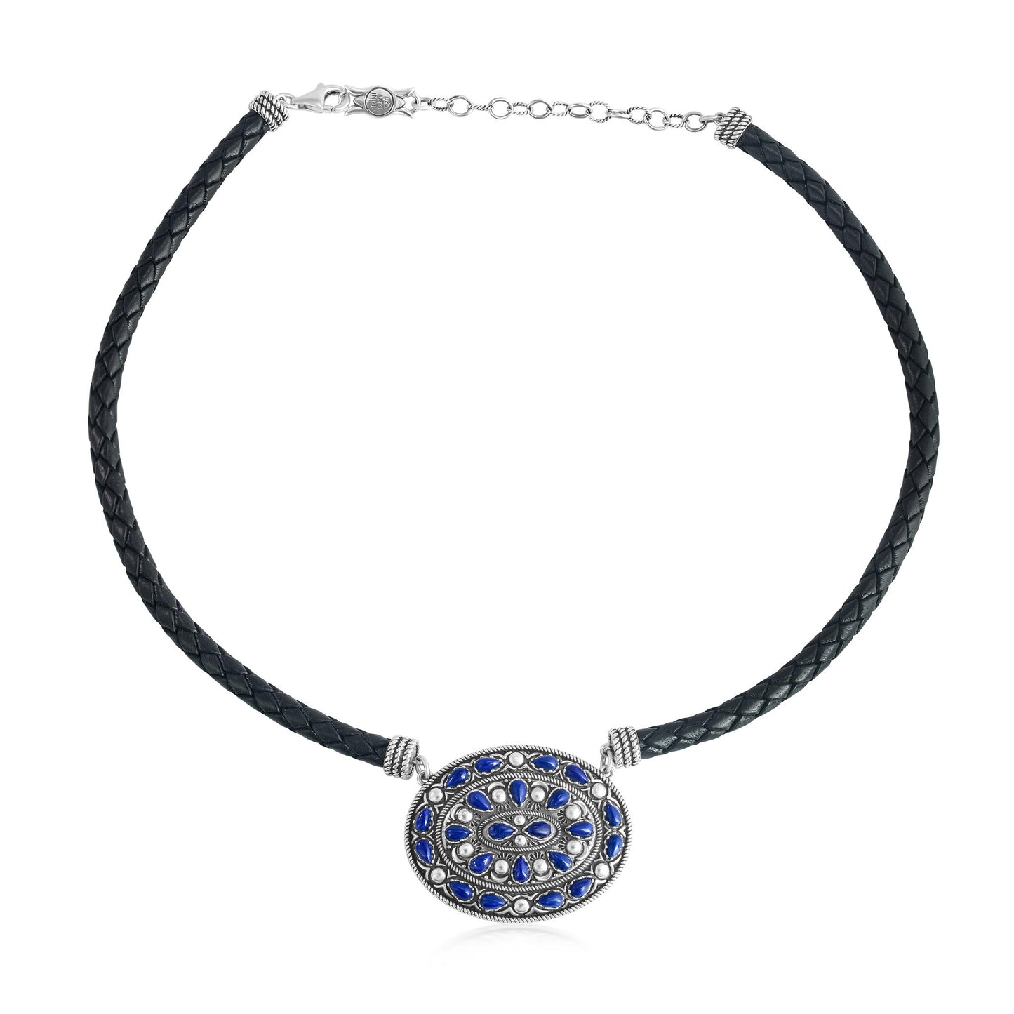 Sterling Silver Lapis Oval Pendant Black Leather Necklace