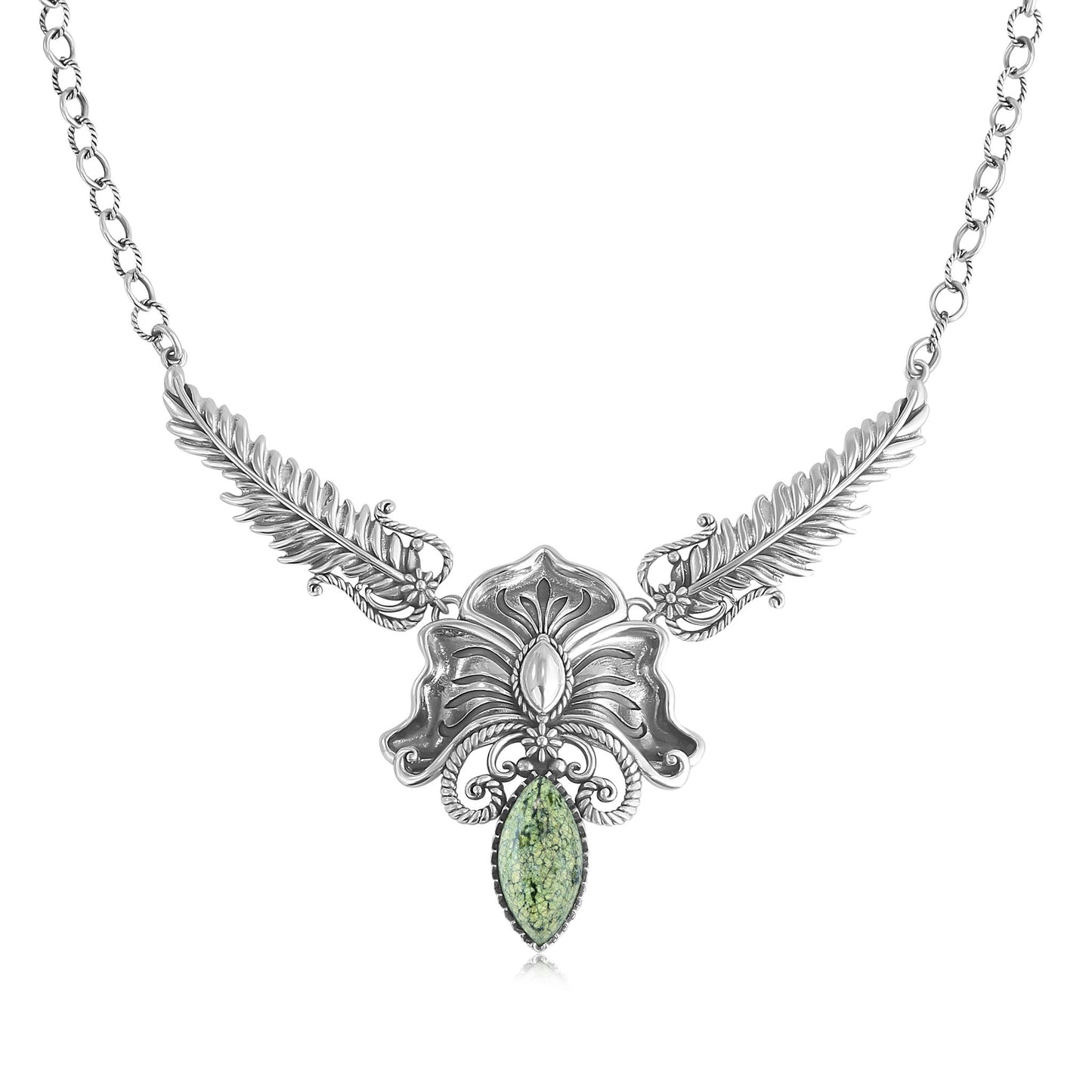 Sterling Silver Serpentine Cactus Flower Marquise Feather Necklace