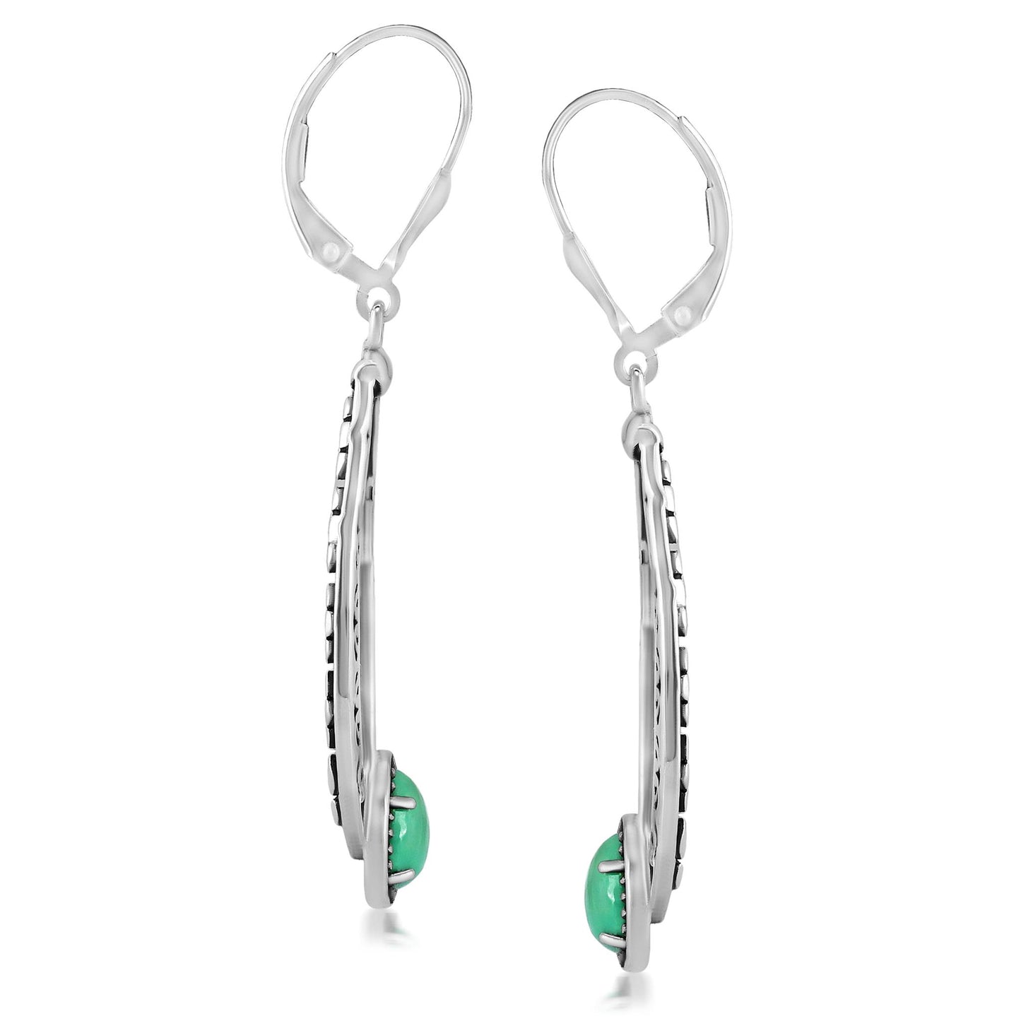 Sterling Silver Green Turquoise Pear-Cut Long Oval Lever Back Dangle Earrings