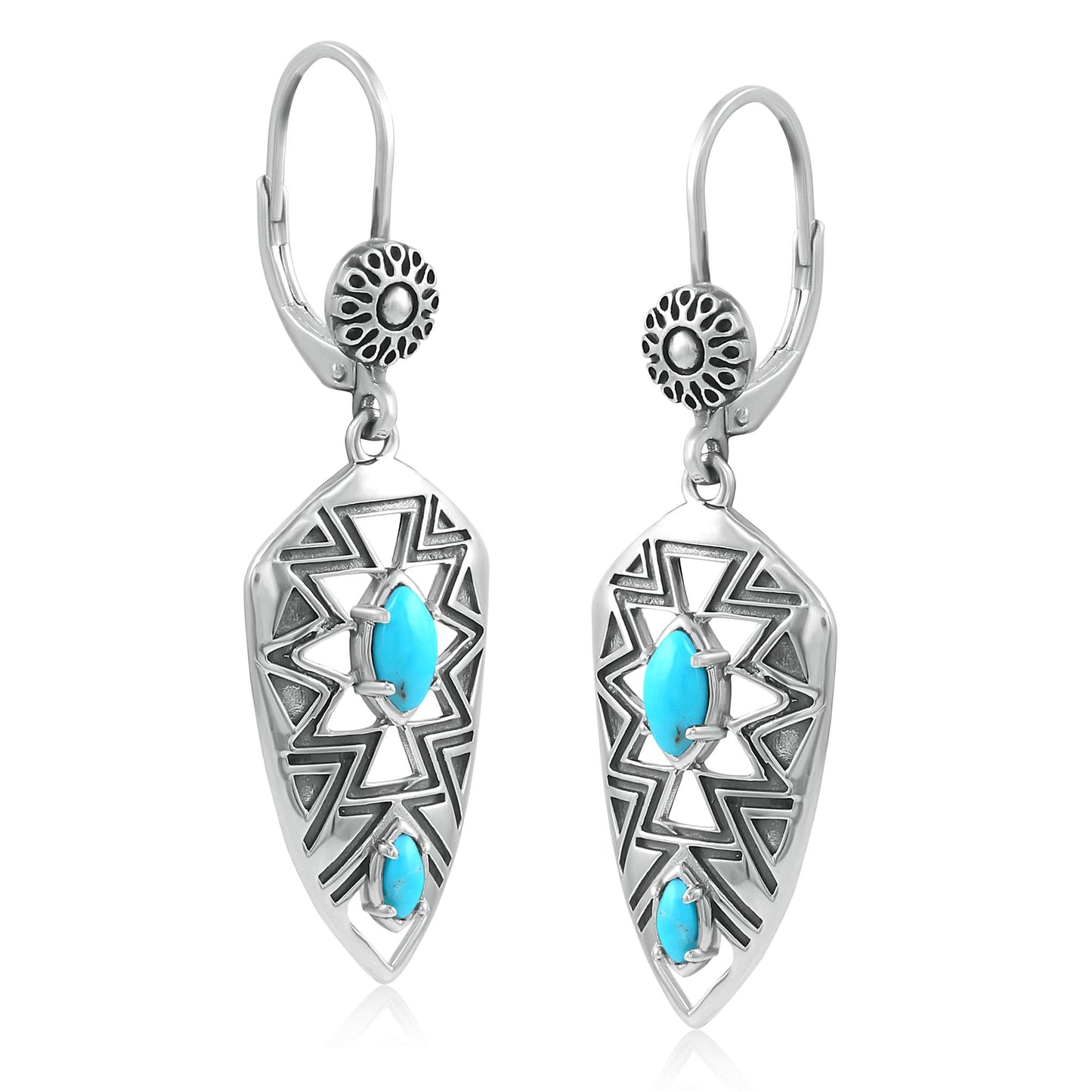 Sterling Silver Marquise Kingman Turquoise Patterned Lever Back Earrings