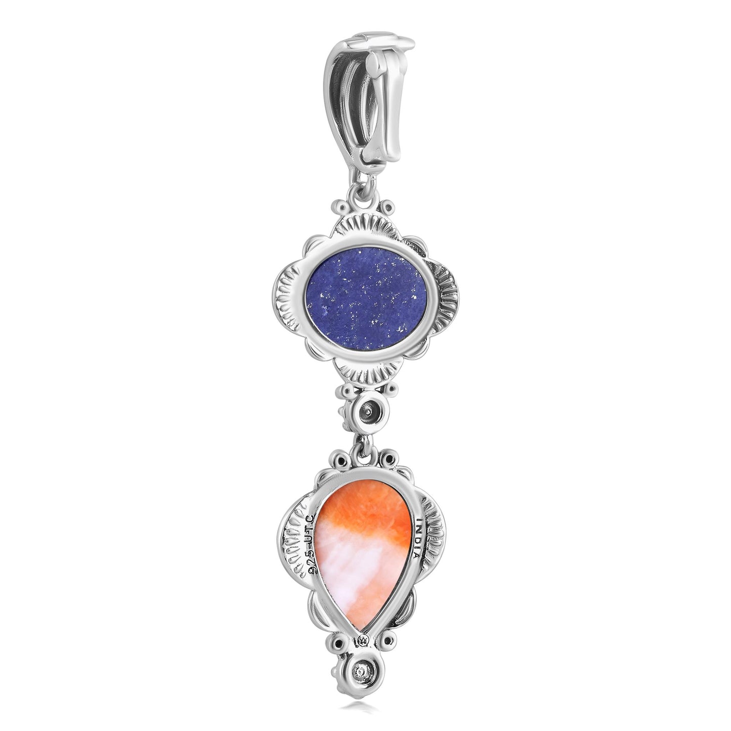 Sterling Silver Pear and Oval Lapis and Orange Spiny Oyster Linear Pendant Enhancer