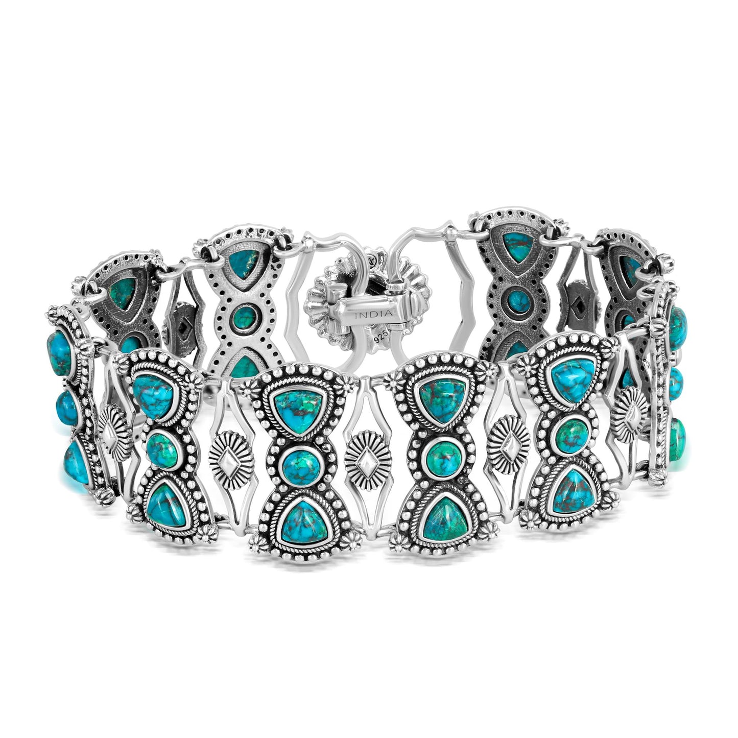 Sterling Silver Chrysocolla Round and Trillion Cut Link Bracelet