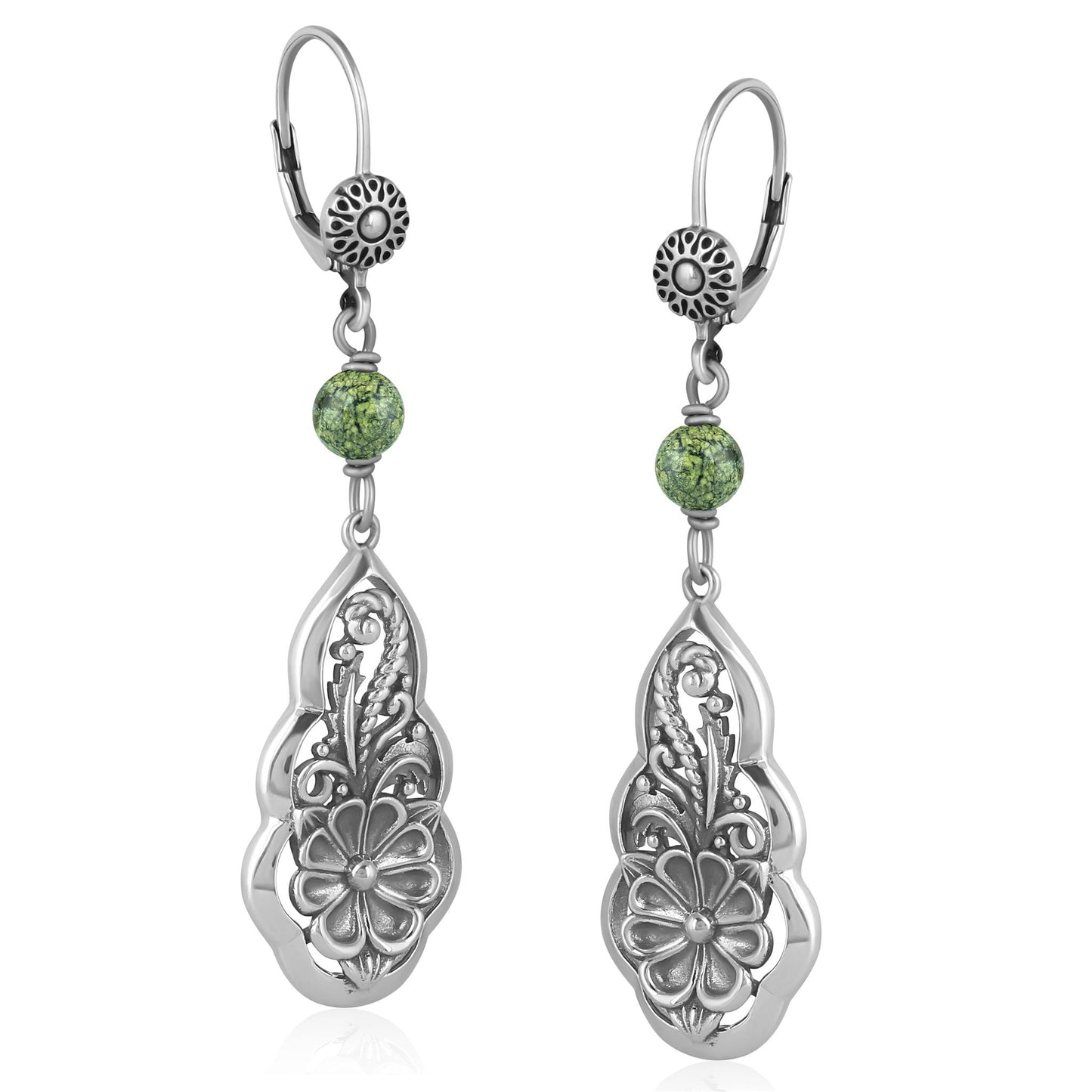 Sterling Silver Serpentine Flower Gemstone Bead Lever Back Earrings