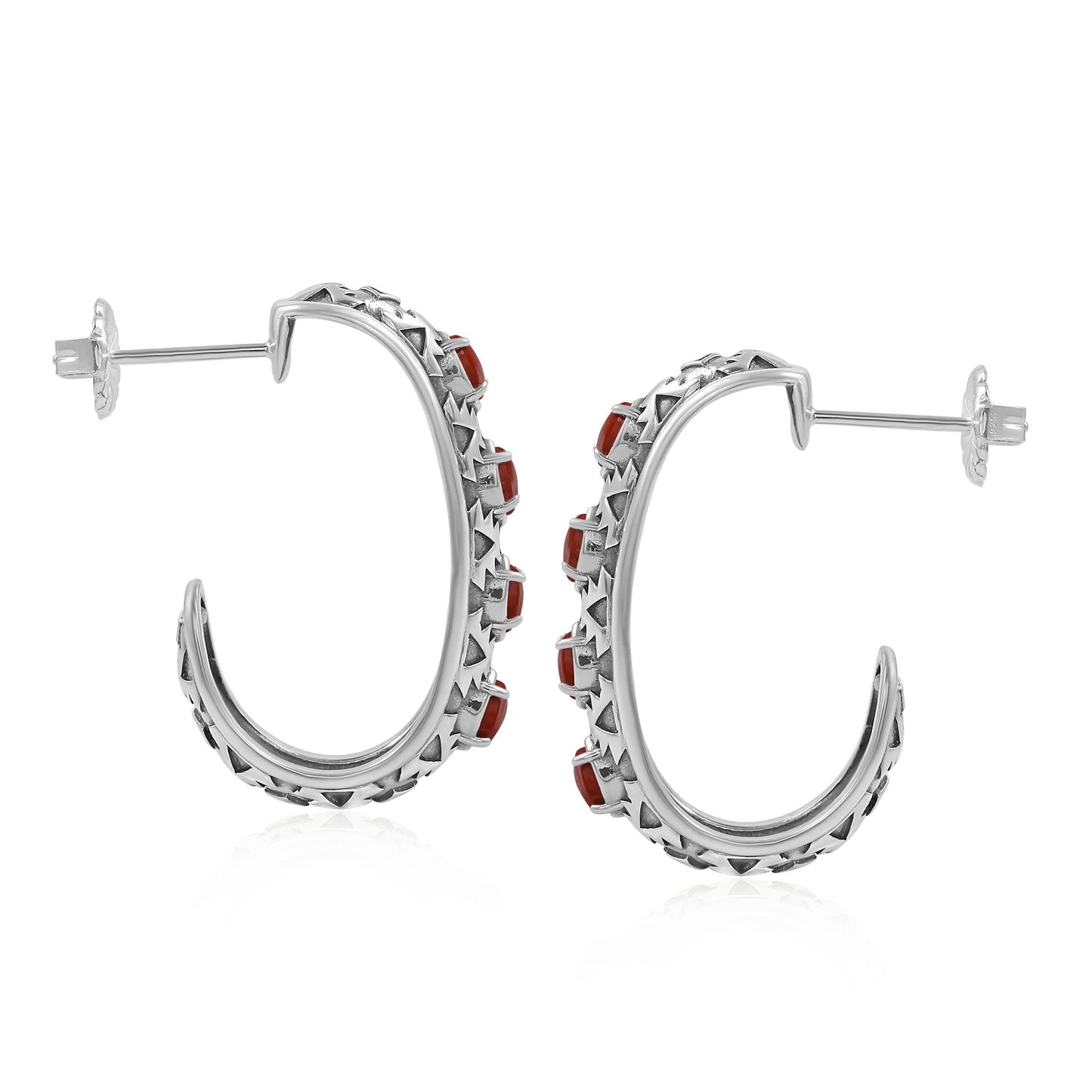 Sterling Silver Red Jasper Patterned J-Hoop 1 Inch Earrings