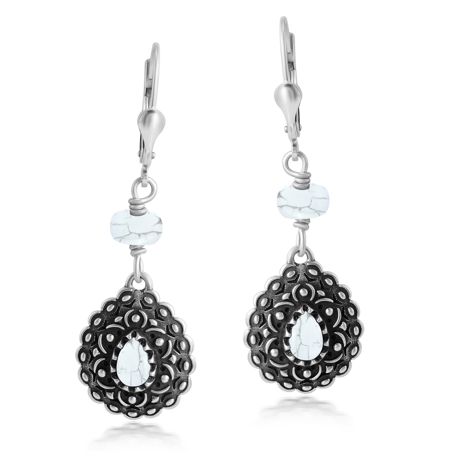 Sterling Silver White Howlite Pear-Shaped Concha Lever Back Earrings