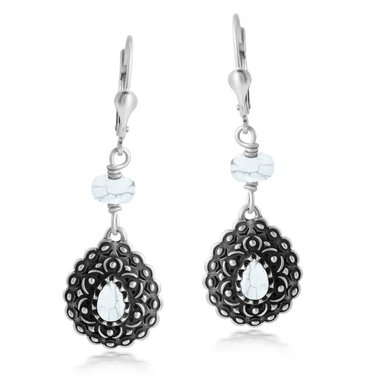 Sterling Silver White Howlite Pear-Shaped Concha Lever Back Earrings