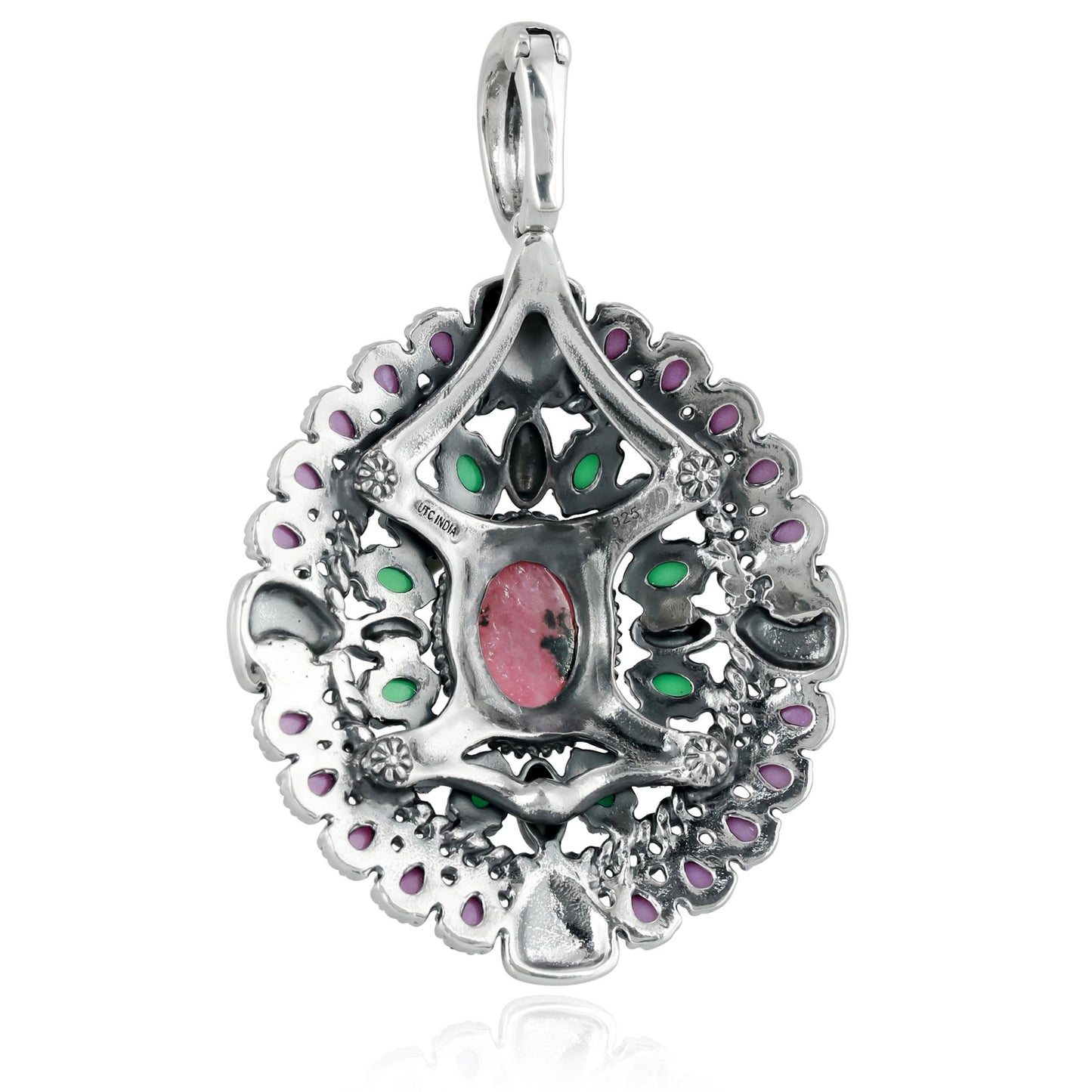 Sterling Silver Rhodonite, Variscite, Phosphosiderite Oval Floral Cluster Pendant Enhancer