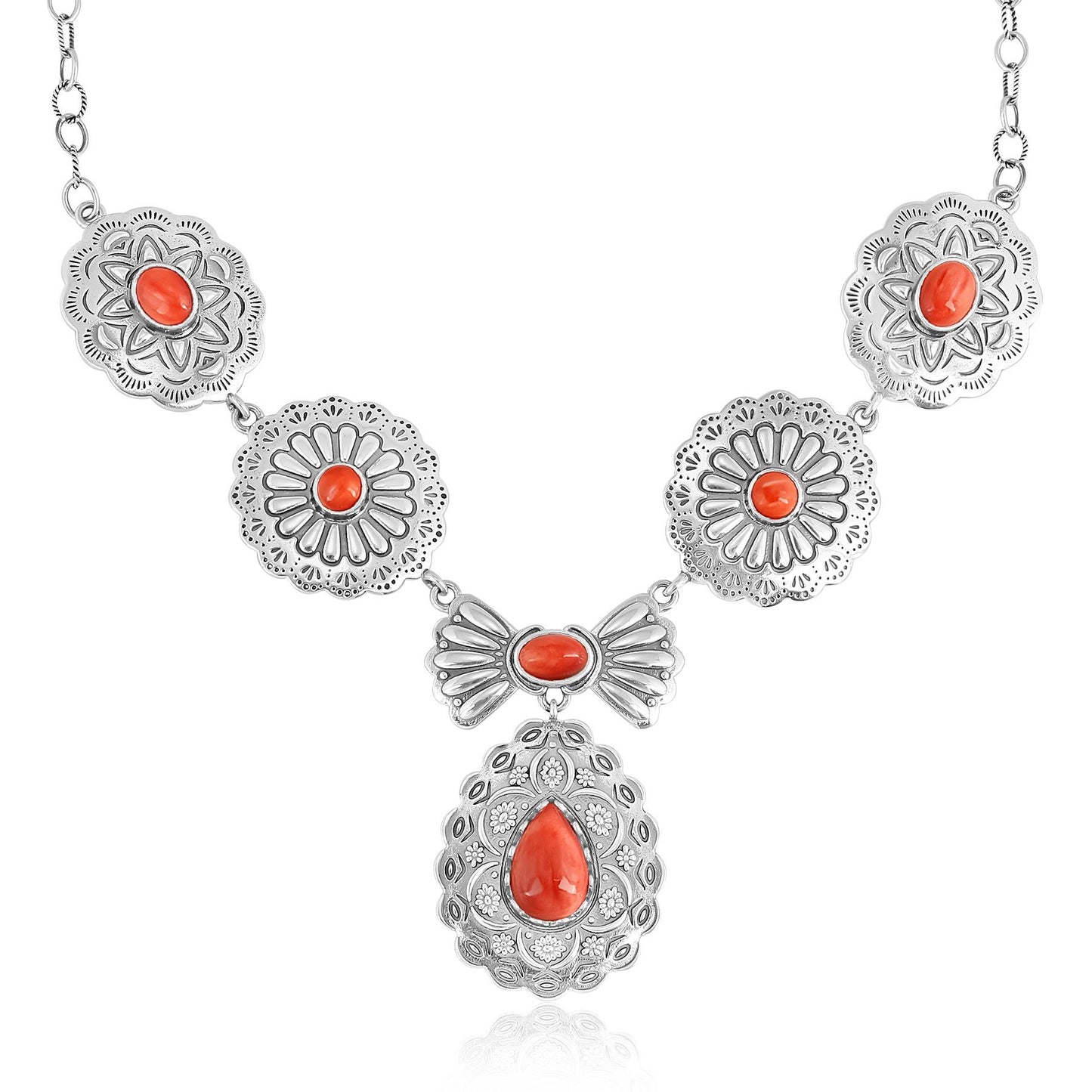 Sterling Silver Red Spiny Oyster Concha Statement Necklace