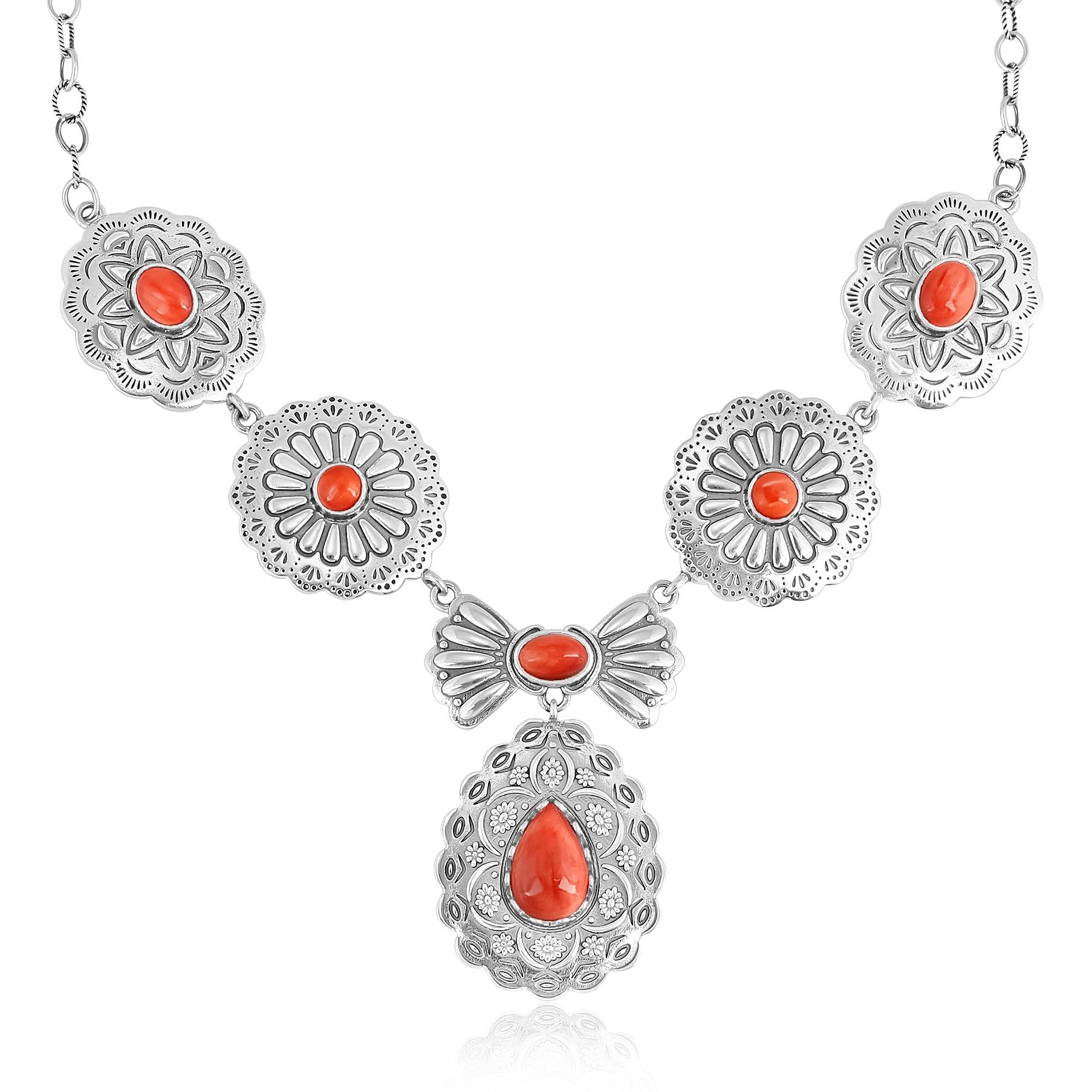 Sterling Silver Red Spiny Oyster Concha Statement Necklace