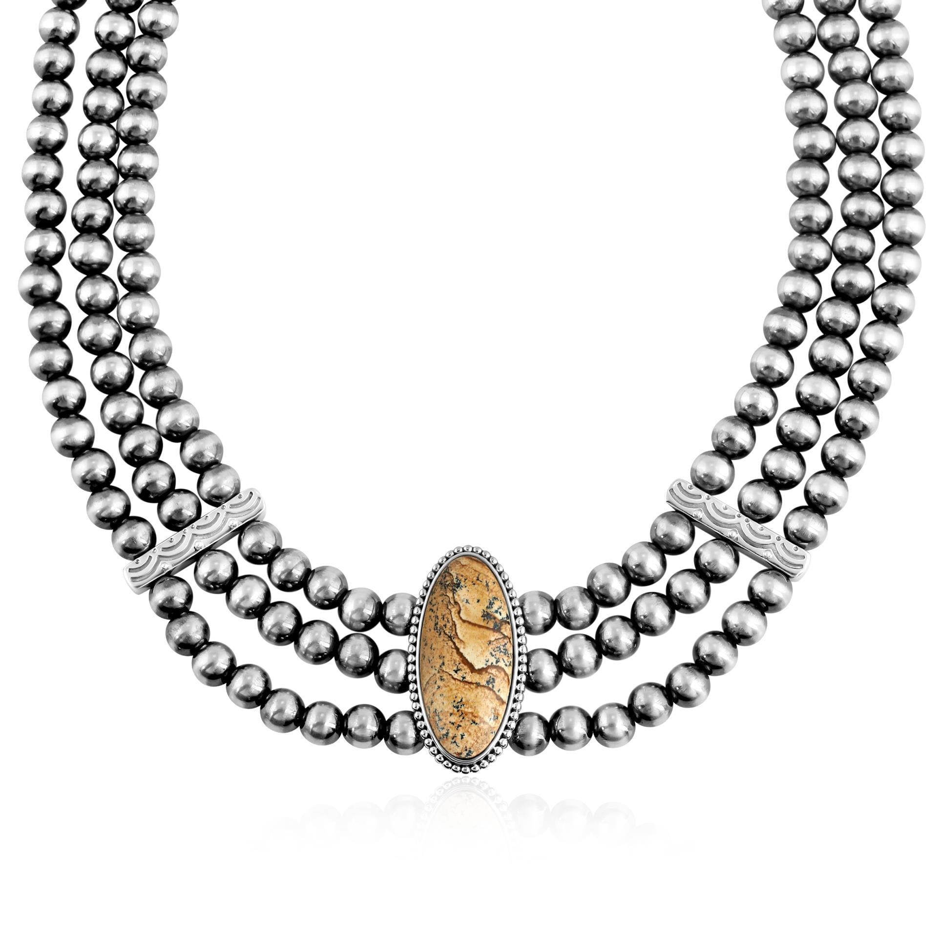 Sterling Silver Picture Jasper Oval Cut Triple-Row Beaded Necklace