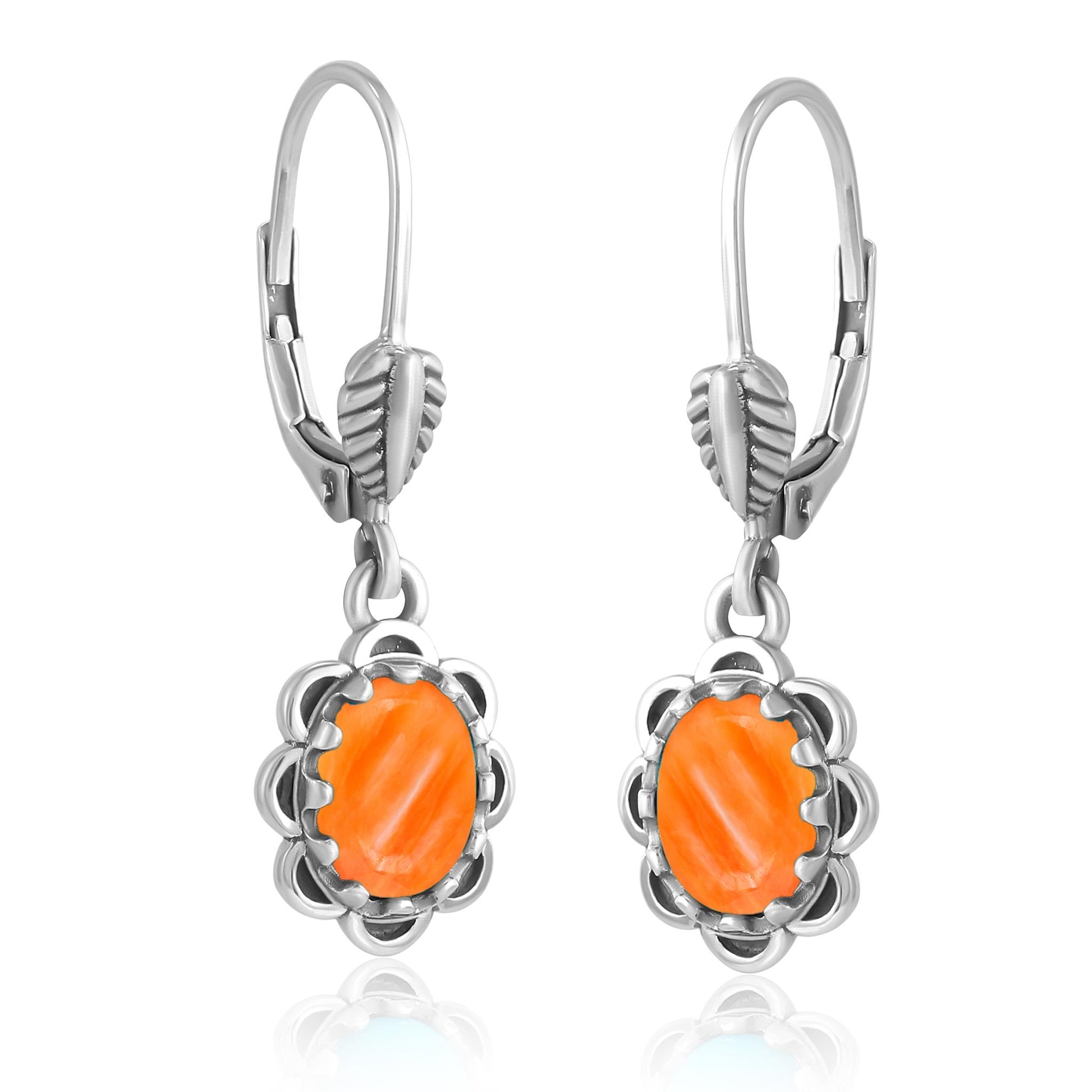 Sterling Silver Orange Spiny Oyster Concha Lever Back Dangle Earrings