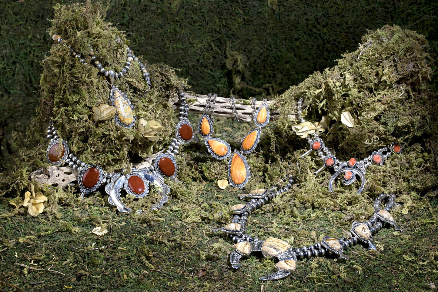 Sterling Silver Picture Jasper Squash Blossom Statement Necklace, 18 to 21 Inches