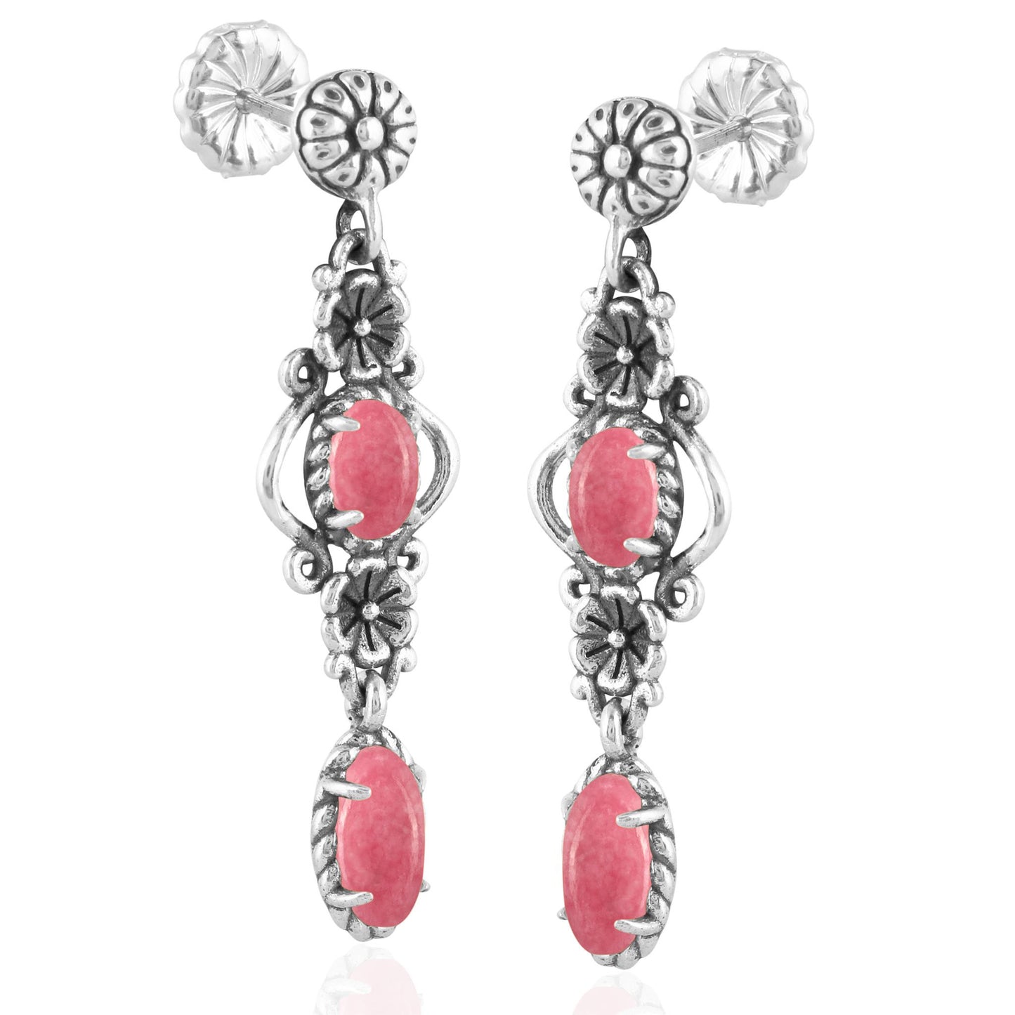 Sterling Silver Rhodonite Gemstone Floral Dangle Earrings