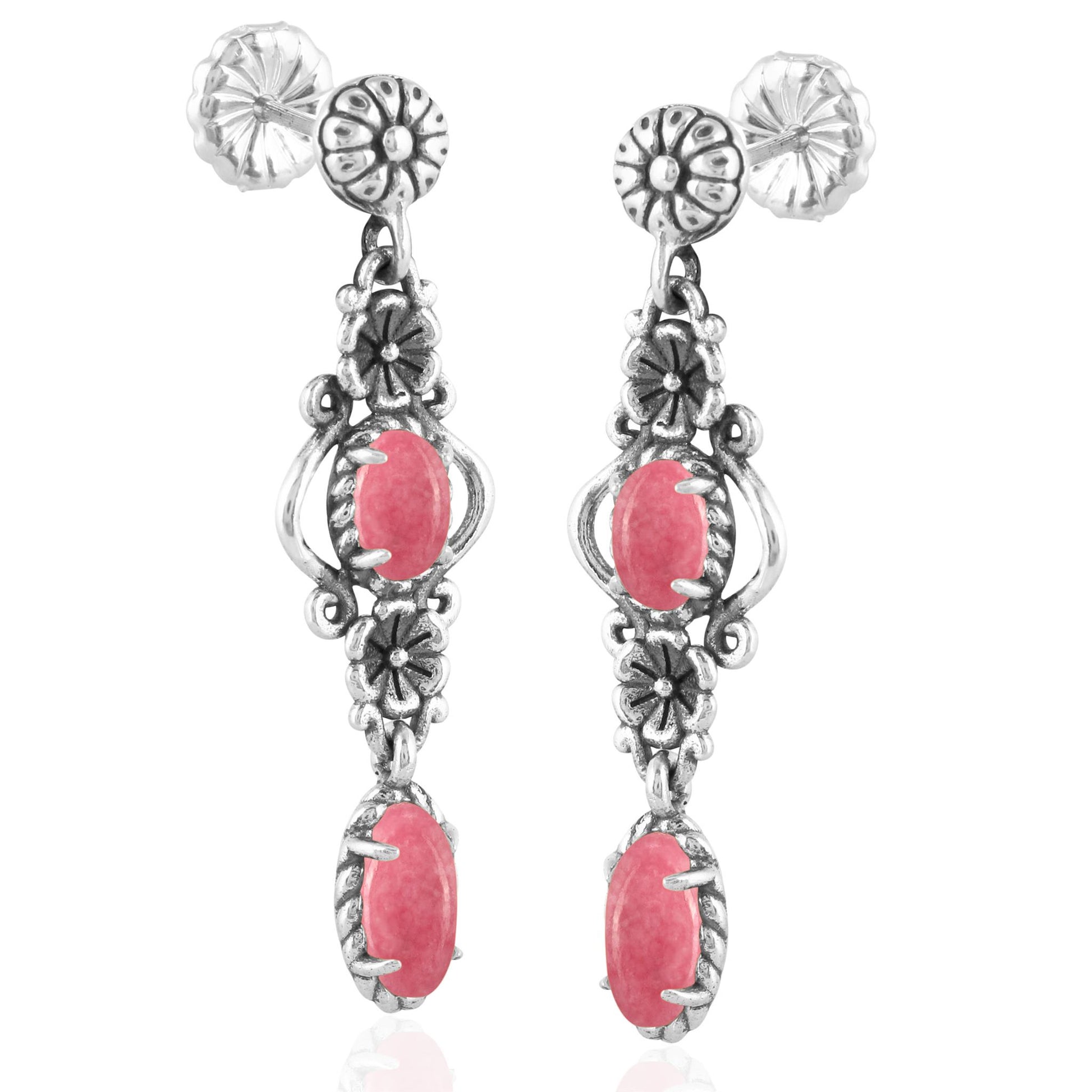 Sterling Silver Rhodonite Gemstone Floral Dangle Earrings