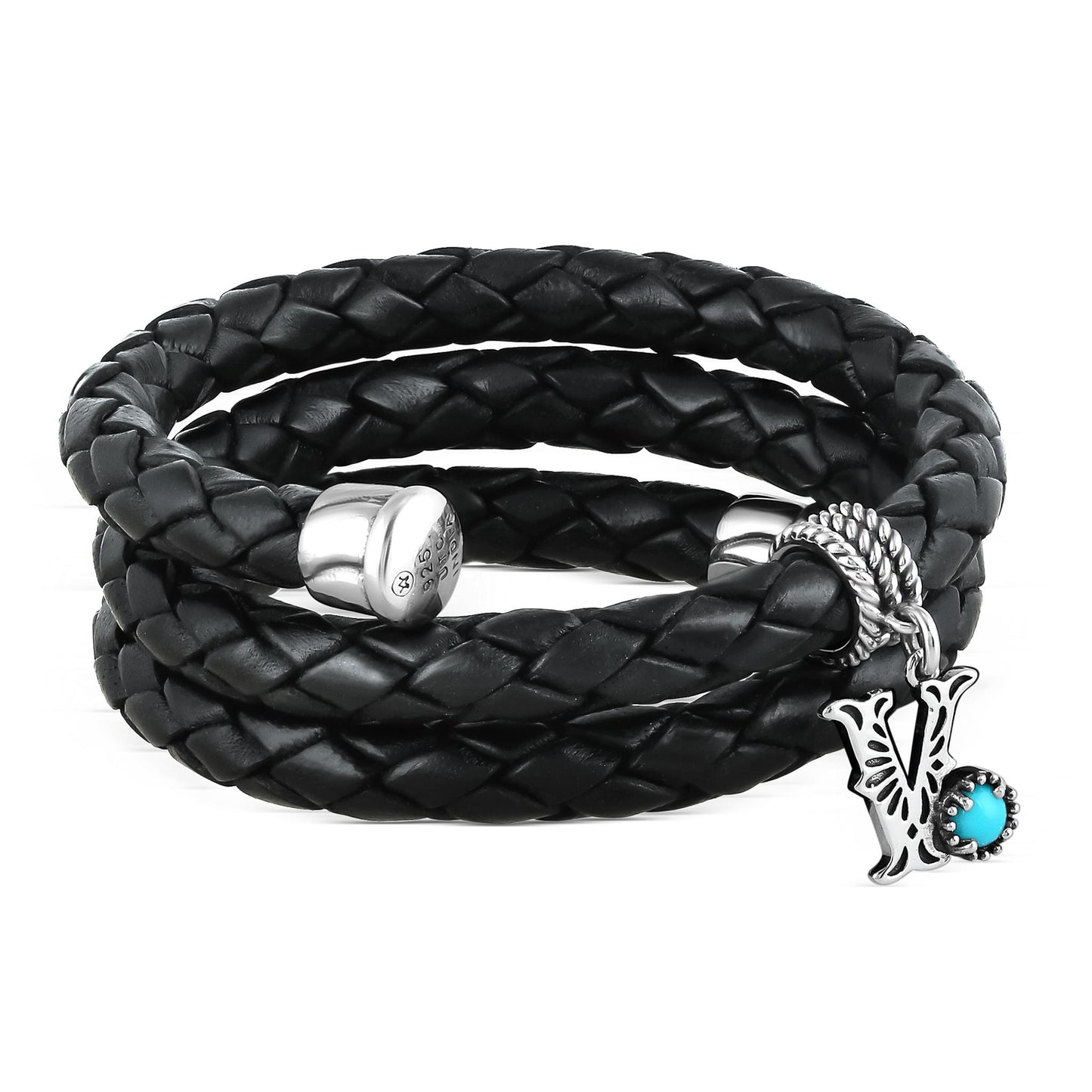 Sterling Silver Sleeping Beauty Turquoise Black Leather Initial "V" Coil Bracelet, 16 Inches