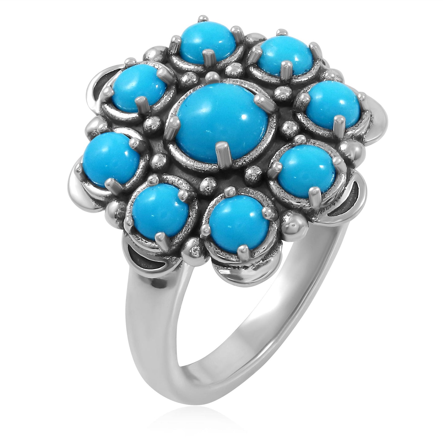 LIMITED EDITION! Sterling Silver Sleeping Beauty Turquoise Round Cut Flower Cluster Ring