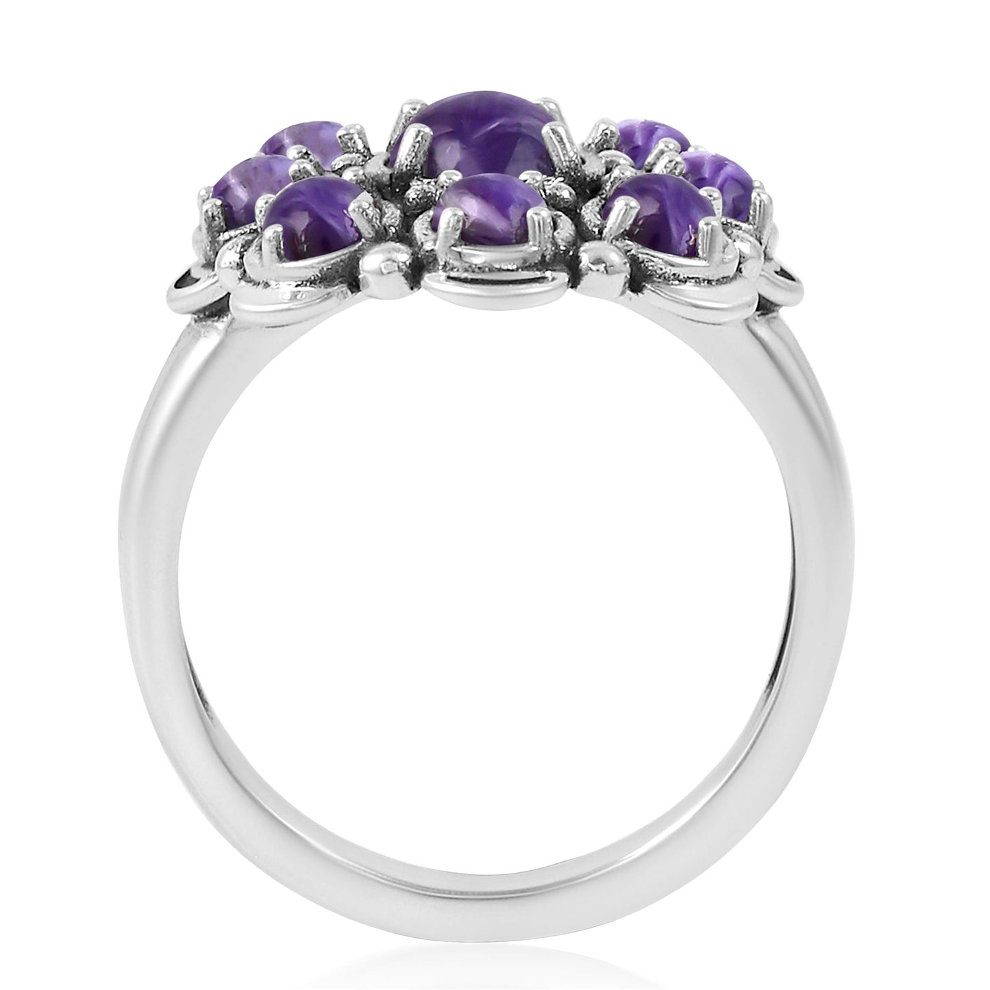 Sterling Silver Charoite Round Cut Flower Cluster Ring