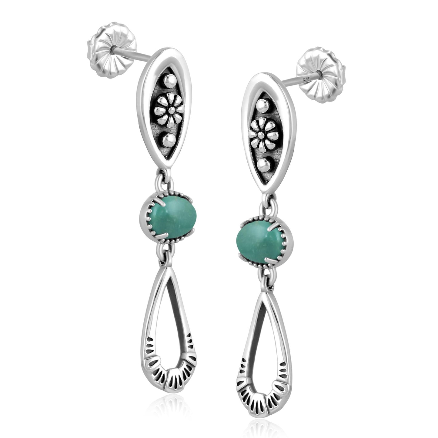 Sterling Silver Green Turqoise Teardrop Double Loop Gemstone Earrings