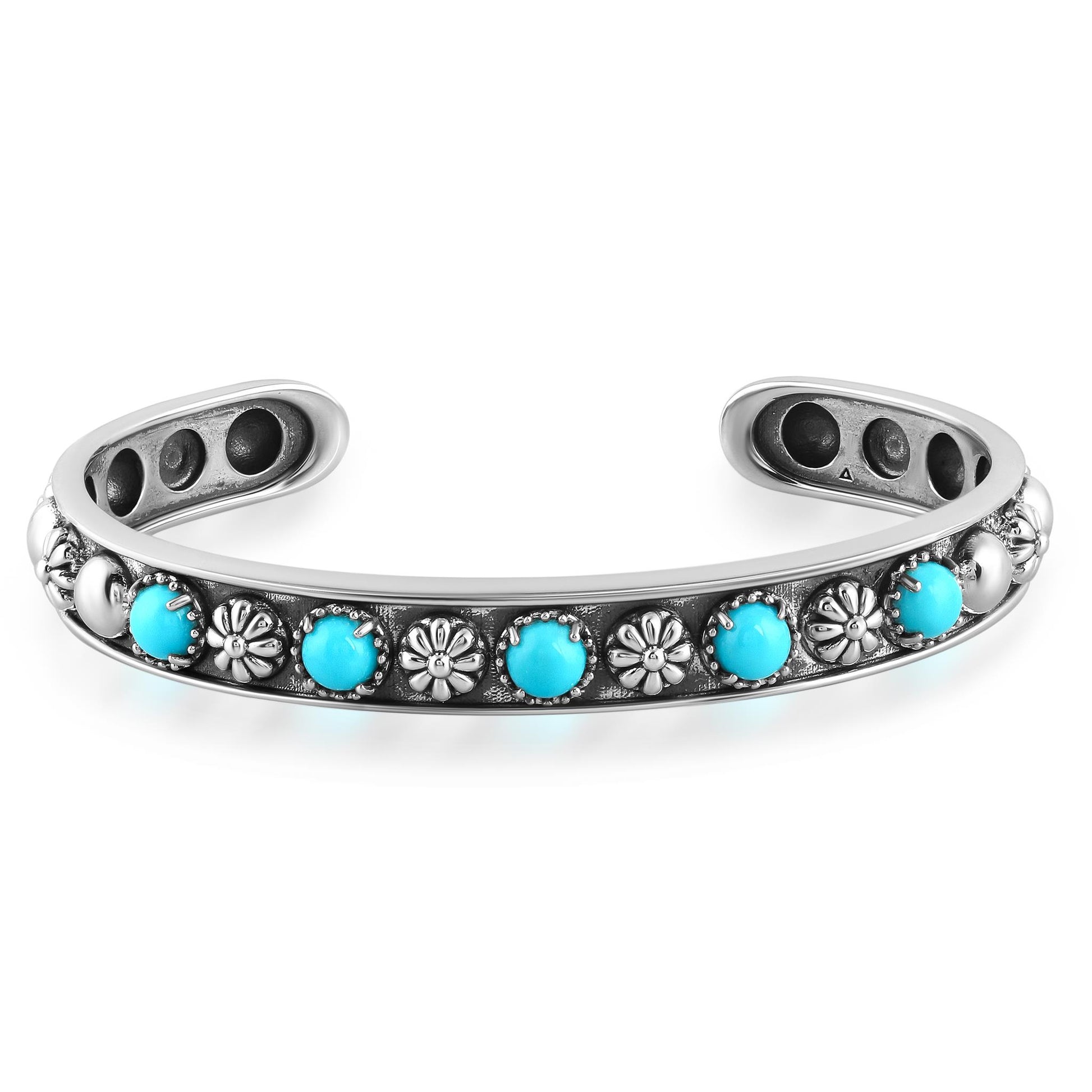 Sterling Silver Sleeping Beauty Turquoise Concha Flower Narrow Cuff Bracelet