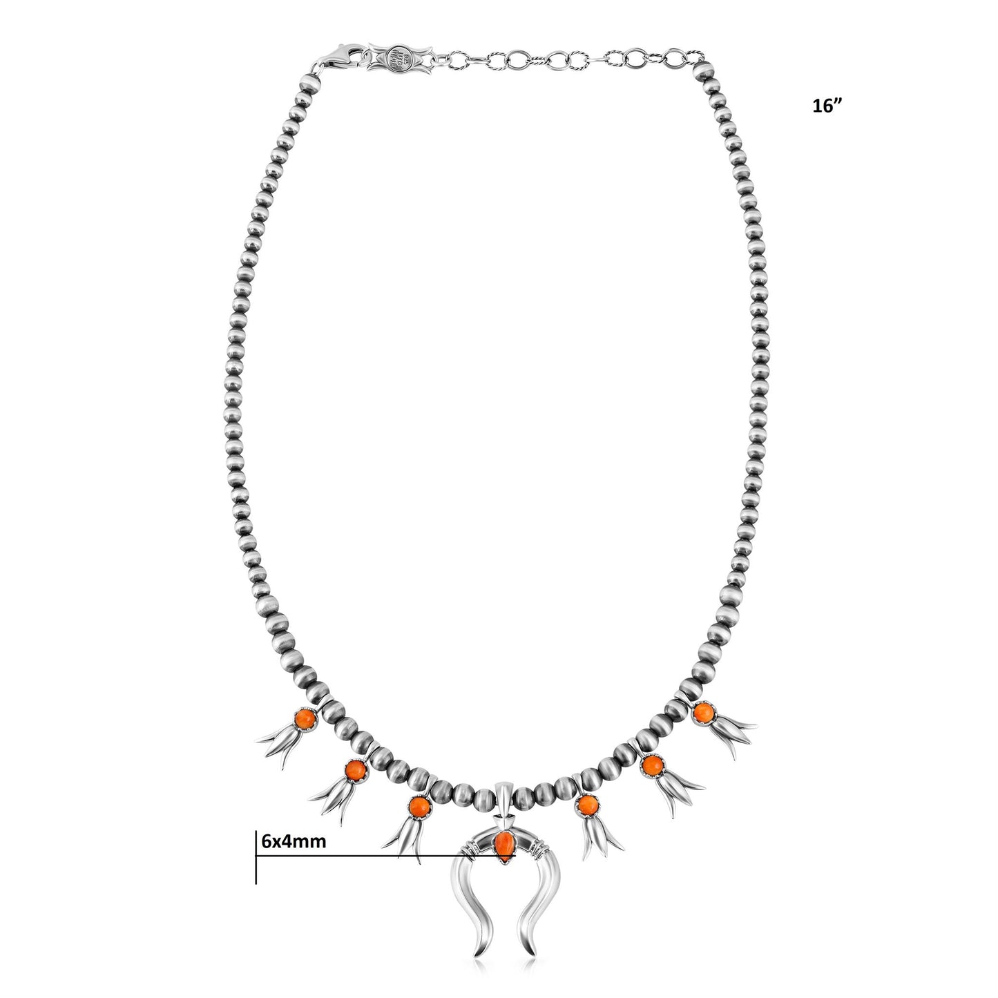 Sterling Silver Orange Spiny Oyster Beaded Squash Blossom Necklace