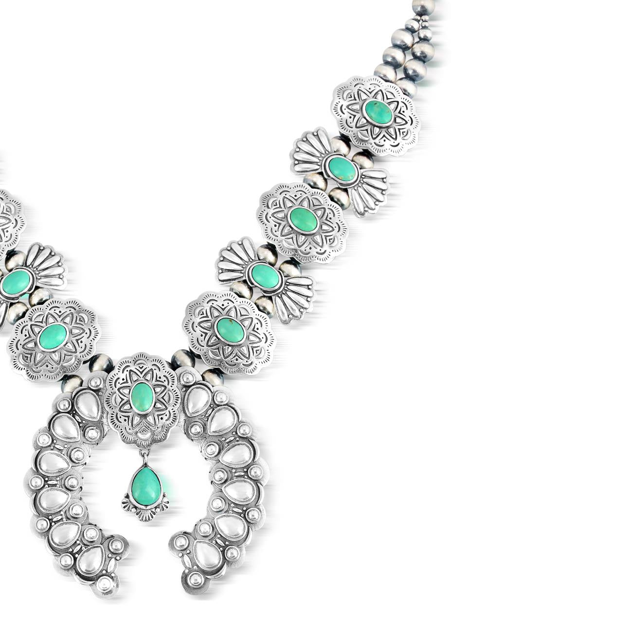 Sterling Silver Green Turquoise Concha Butterfly Squash Blossom Necklace