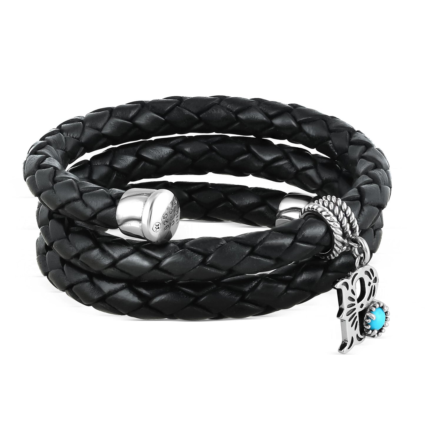 Sterling Silver Sleeping Beauty Turquoise Black Leather Initial "P" Coil Bracelet, 16 Inches
