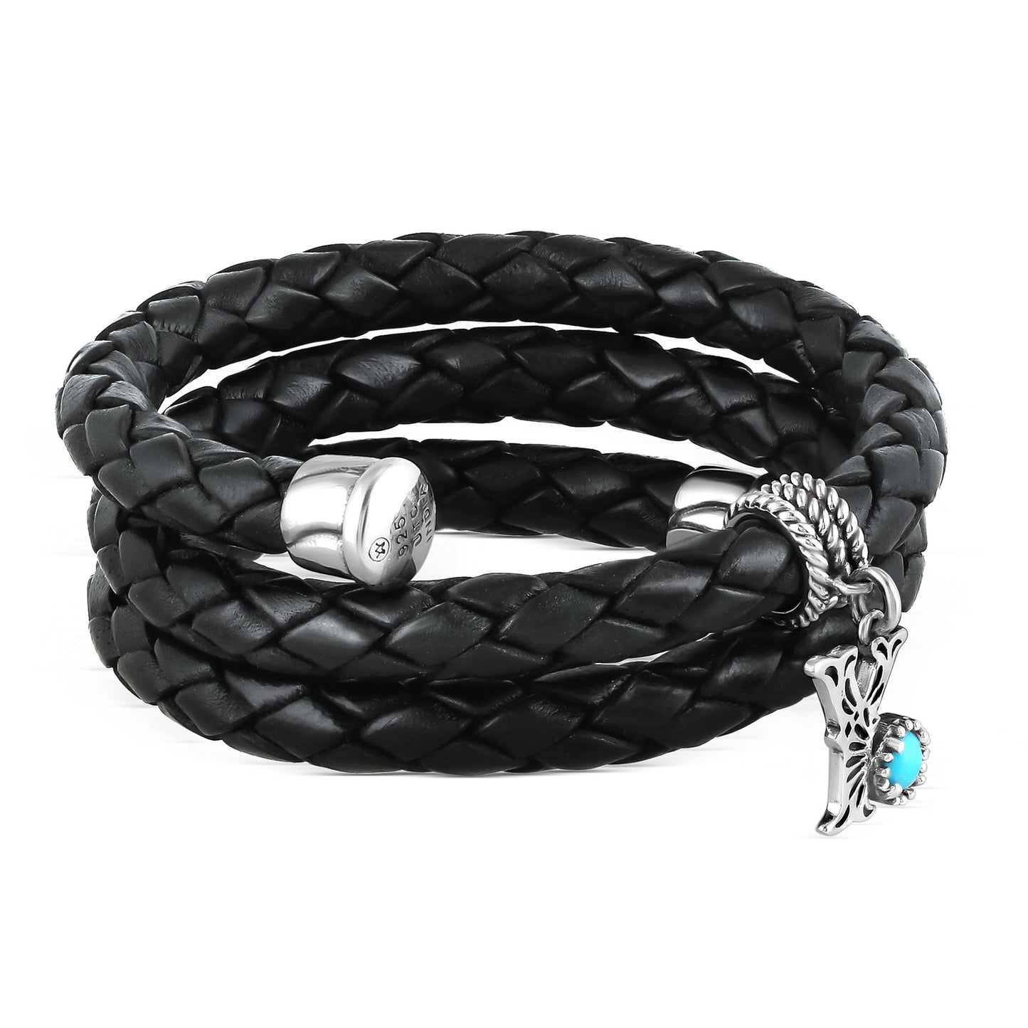 Sterling Silver Sleeping Beauty Turquoise Black Leather Initial "Y" Coil Bracelet, 16 Inches