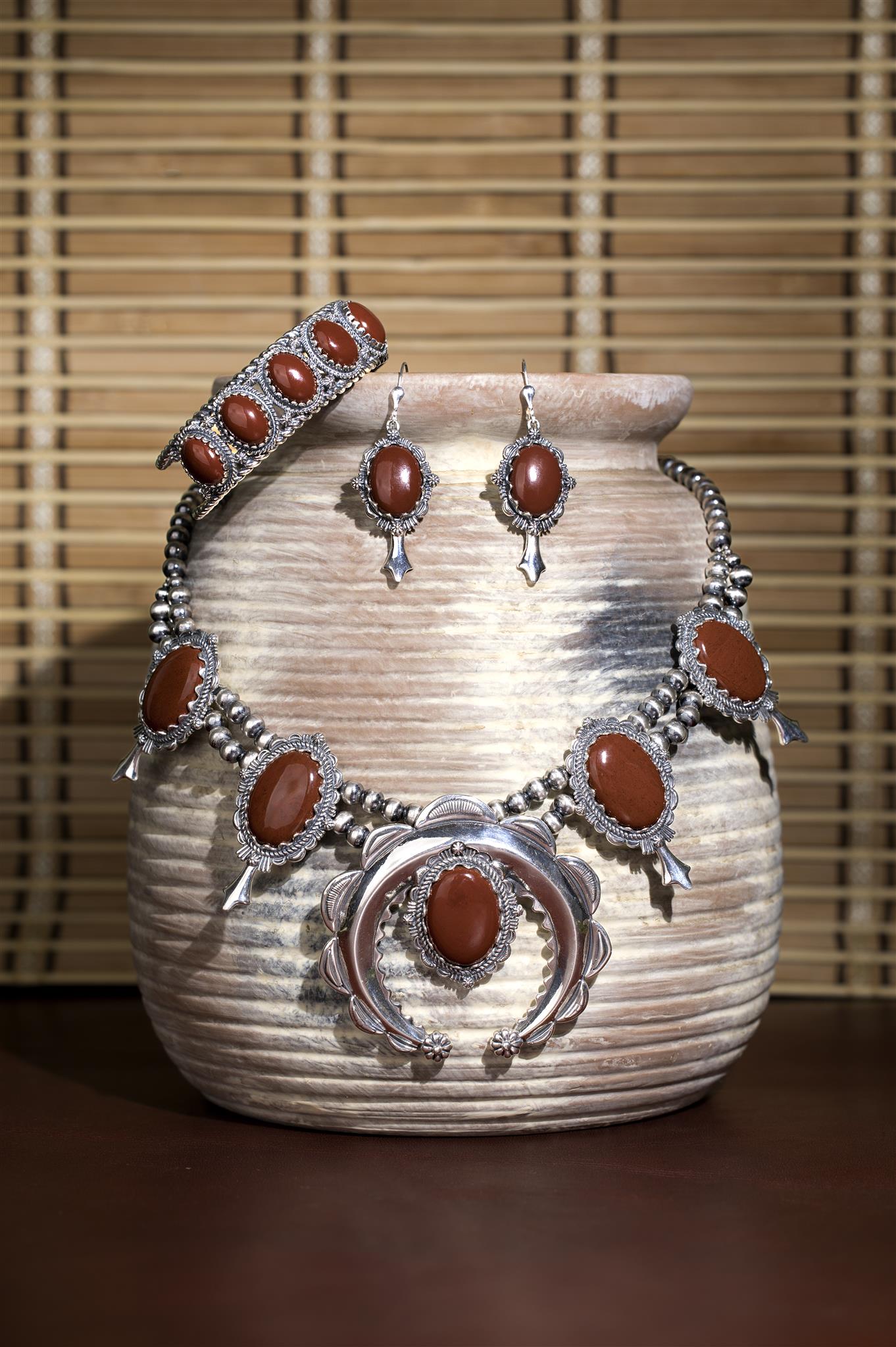 Sterling Silver Red Jasper Squash Blossom Naja Necklace, 17 to 20 Inches