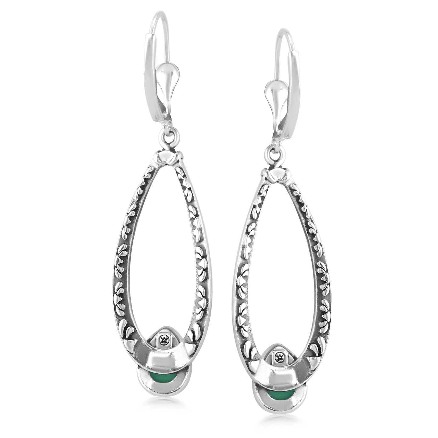 Sterling Silver Green Turquoise Pear-Cut Long Oval Lever Back Dangle Earrings