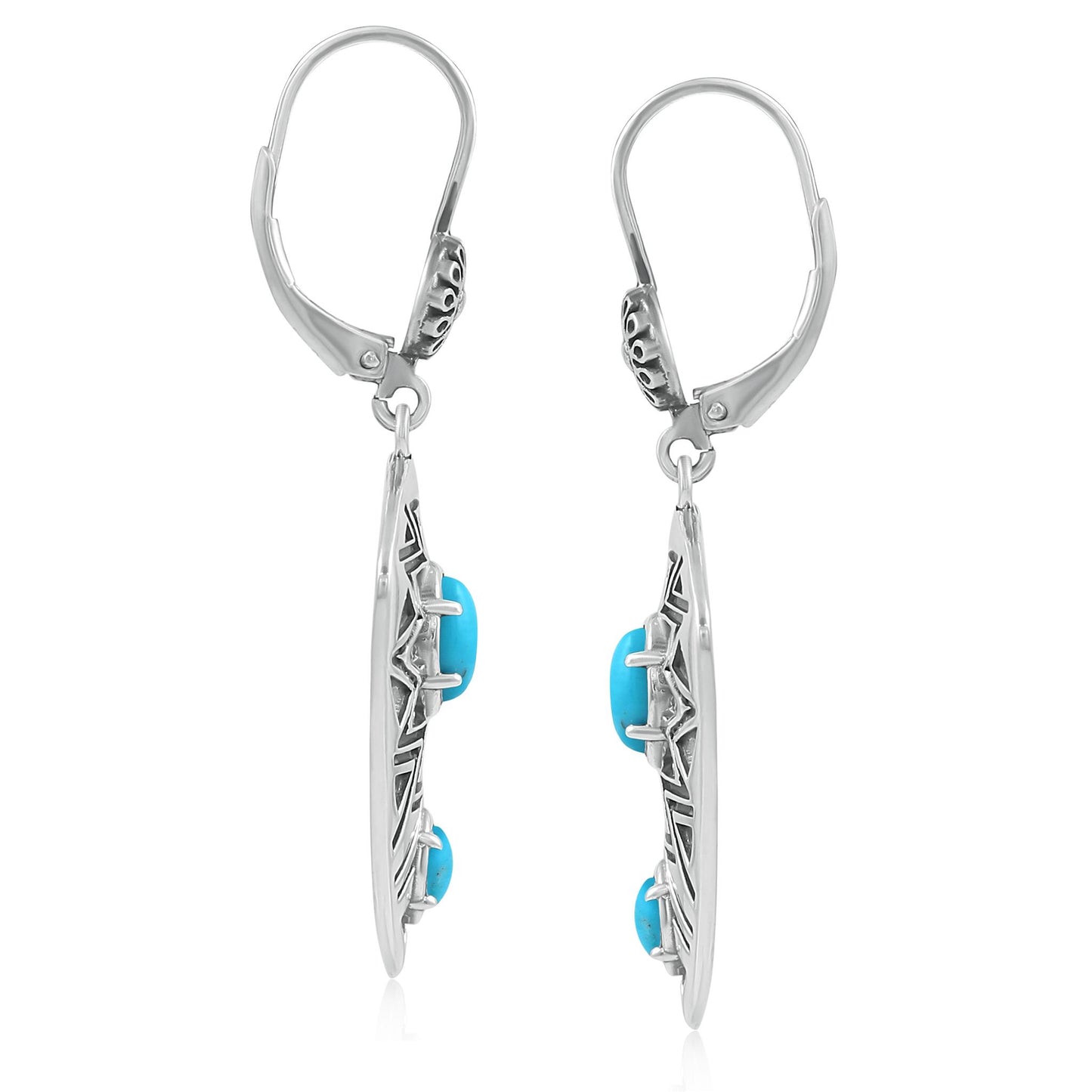 Sterling Silver Marquise Kingman Turquoise Patterned Lever Back Earrings