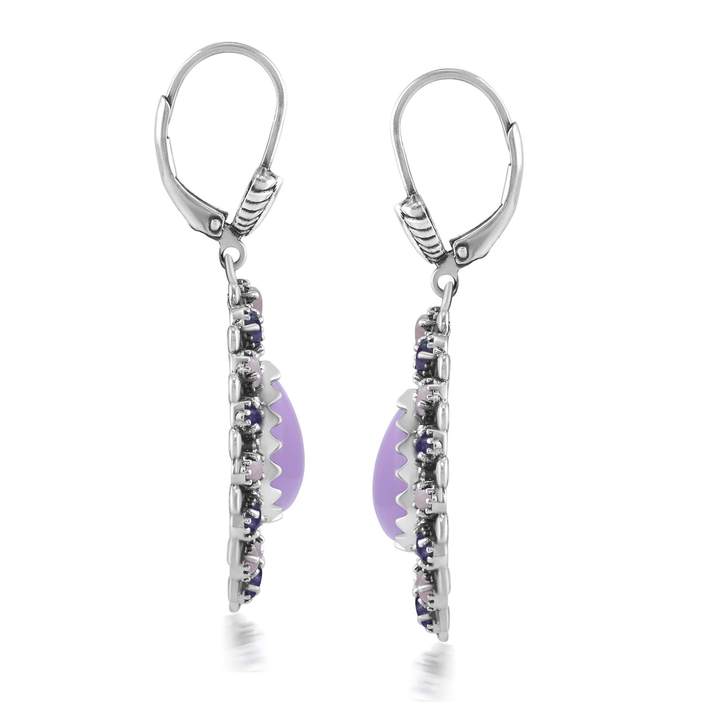 Sterling Silver Phosphosiderite, Rhodochrosite, and Amethyst Cluster Pear Shaped Dangle Earrings