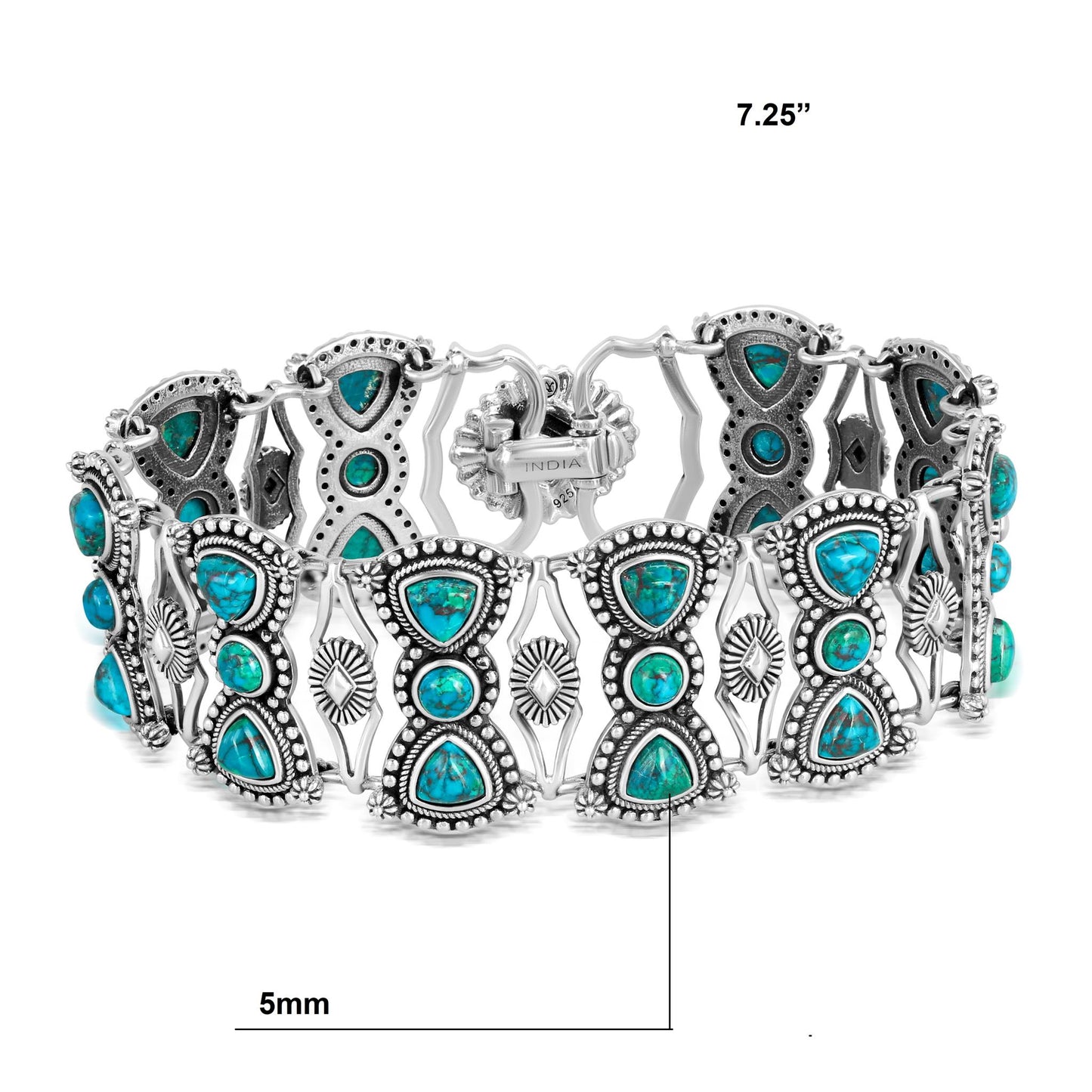 Sterling Silver Chrysocolla Round and Trillion Cut Link Bracelet