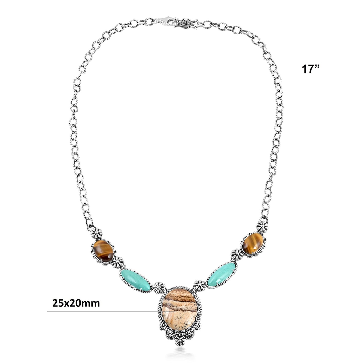 Sterling Silver Picture Jasper, Green Turquoise and Tiger's Eye Concha Station Necklace