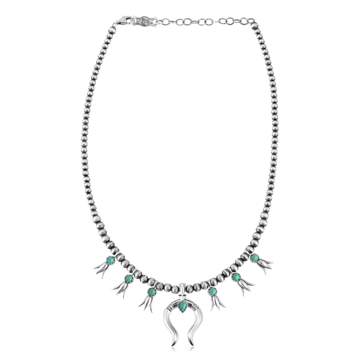 Sterling Silver Green Turquoise Beaded Squash Blossom Necklace
