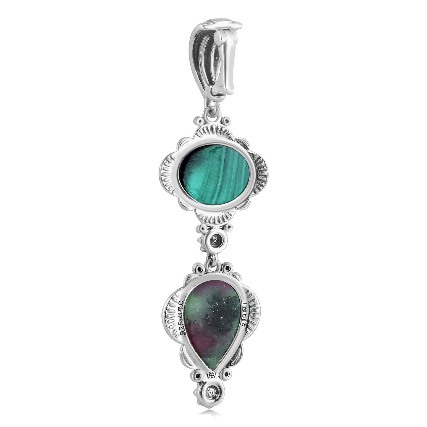 Sterling Silver Pear and Oval Ruby Zoisite and Malachite Linear Pendant Enhancer