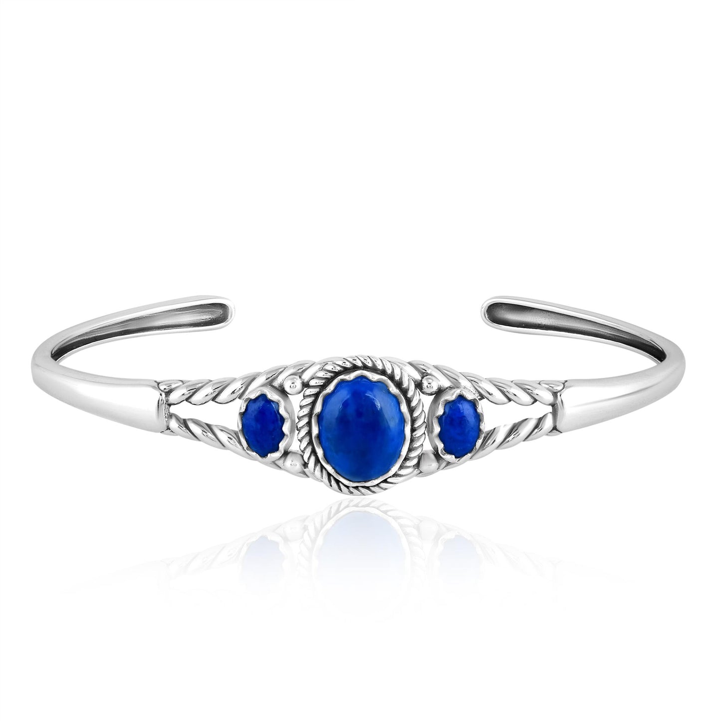 EXCLUSIVELY OURS! Sterling Silver Lapis Oval Cut Rope Cuff Bracelet, Sizes Small to Large